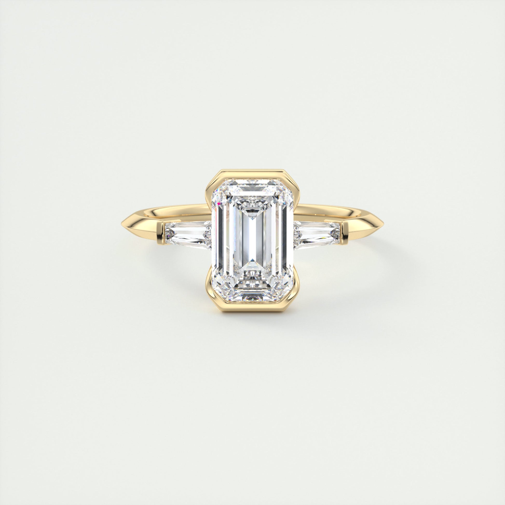 Sharp 2 Carat Emerald Half Bezel Three-Stone Engagement Ring