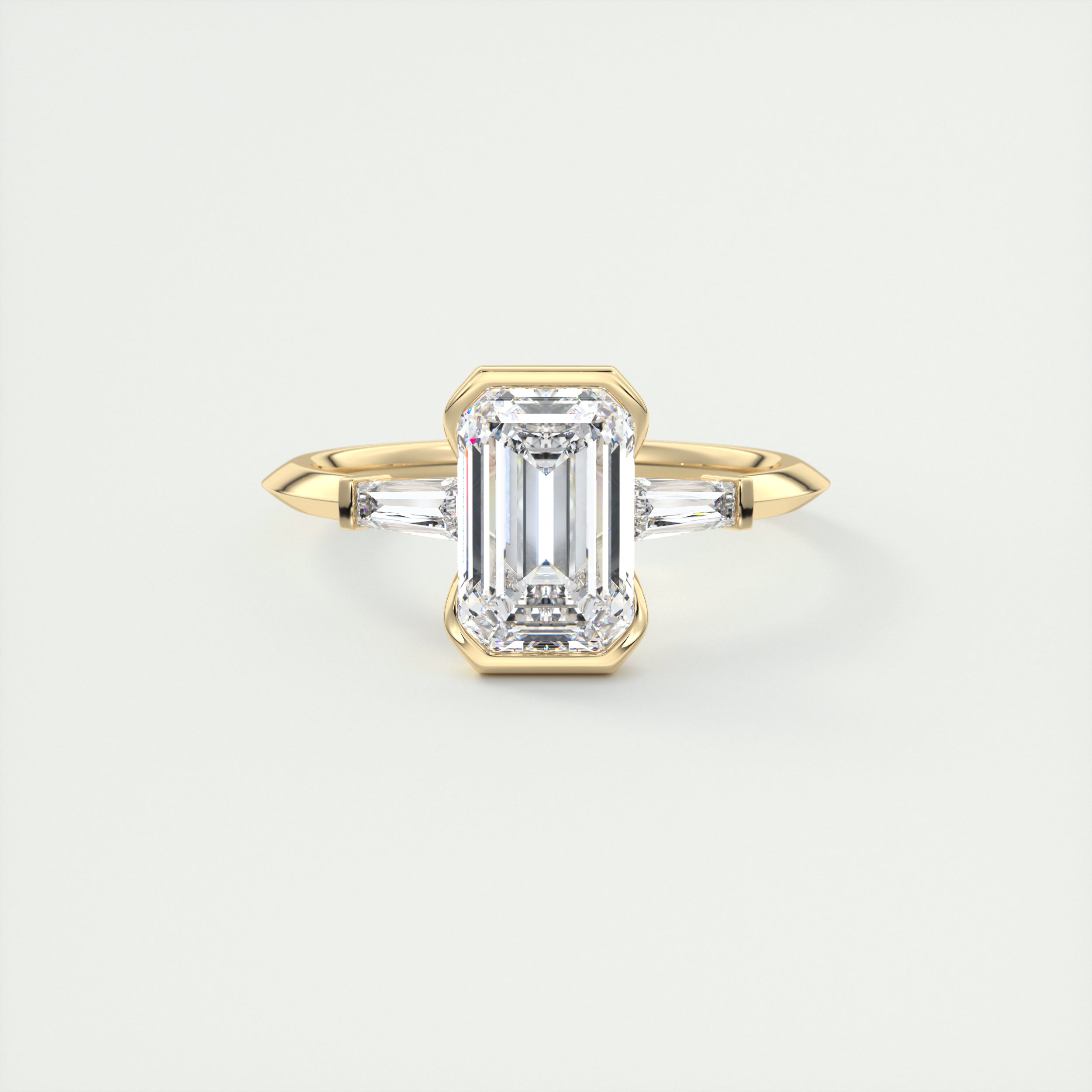 Sharp 2 Carat Emerald Half Bezel Three-Stone Engagement Ring