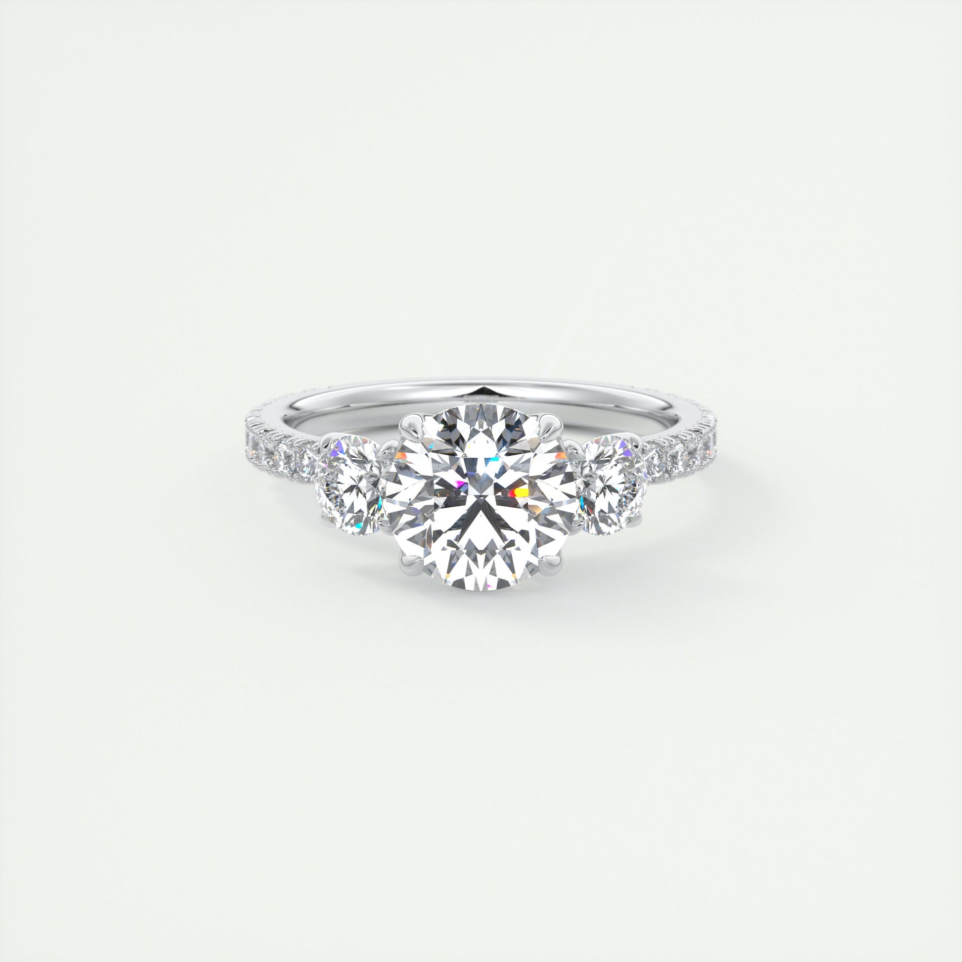 2 Carat Round Floral Three-Stone Engagement Ring – 1.8mm French Set Pavé