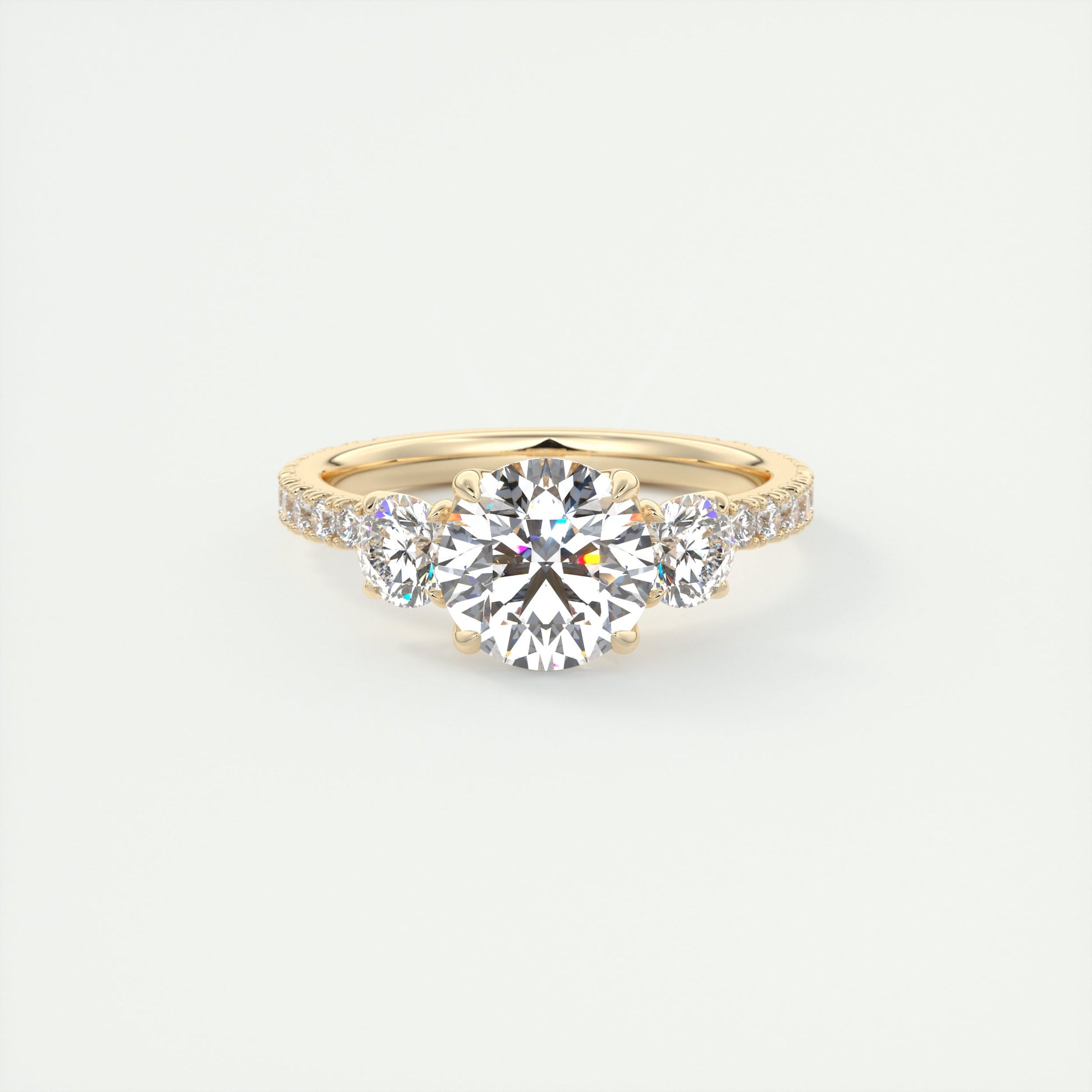 2 Carat Round Floral Three-Stone Engagement Ring – 1.8mm French Set Pavé