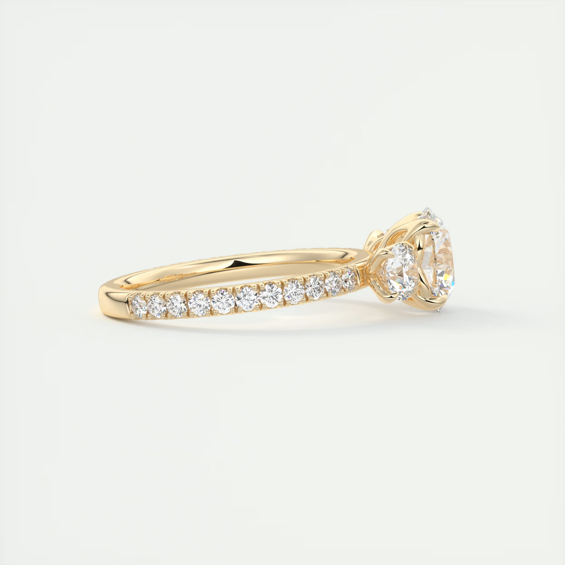 2 Carat Round Floral Three-Stone Engagement Ring – 1.8mm French Set Pavé