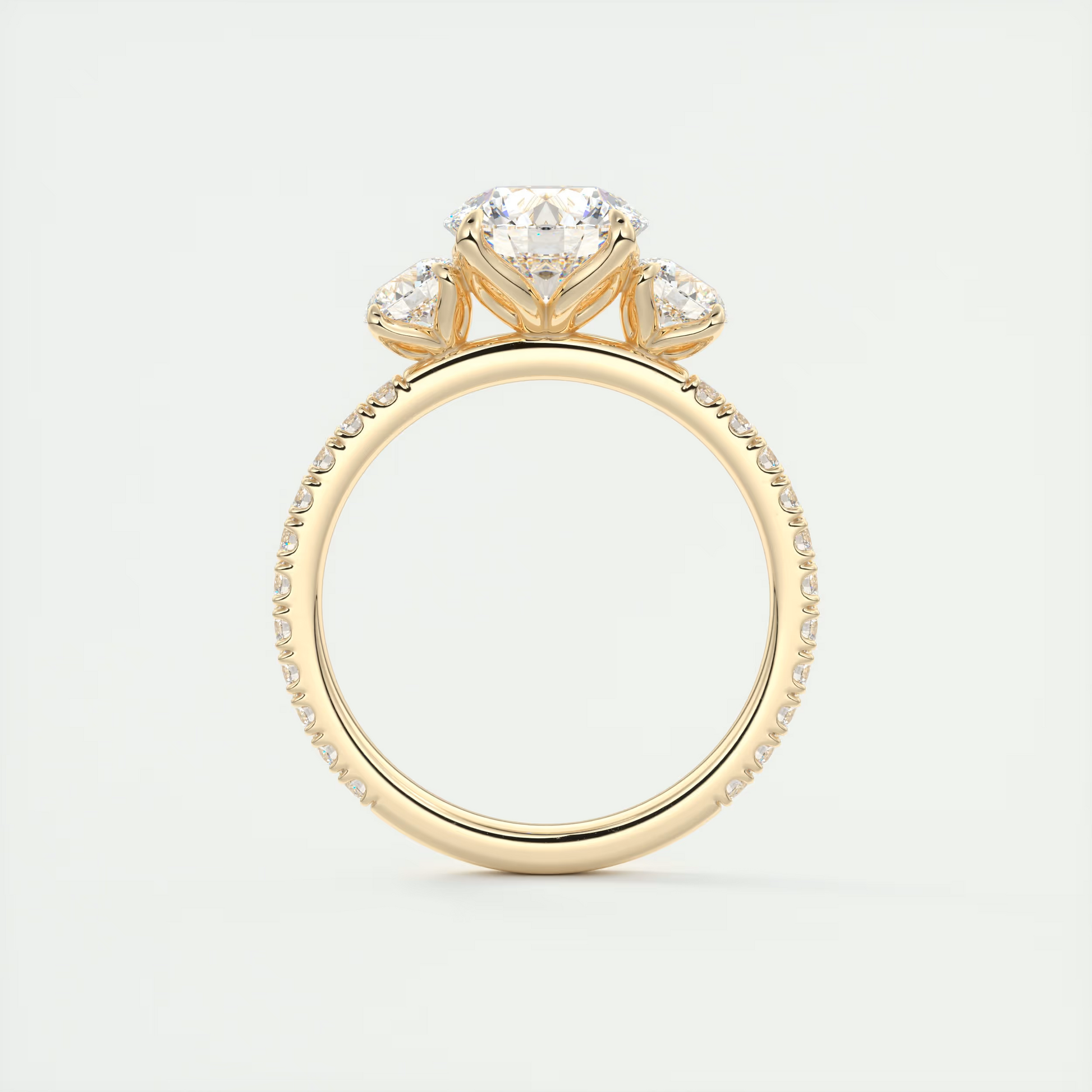 2 Carat Round Floral Three-Stone Engagement Ring – 1.8mm French Set Pavé