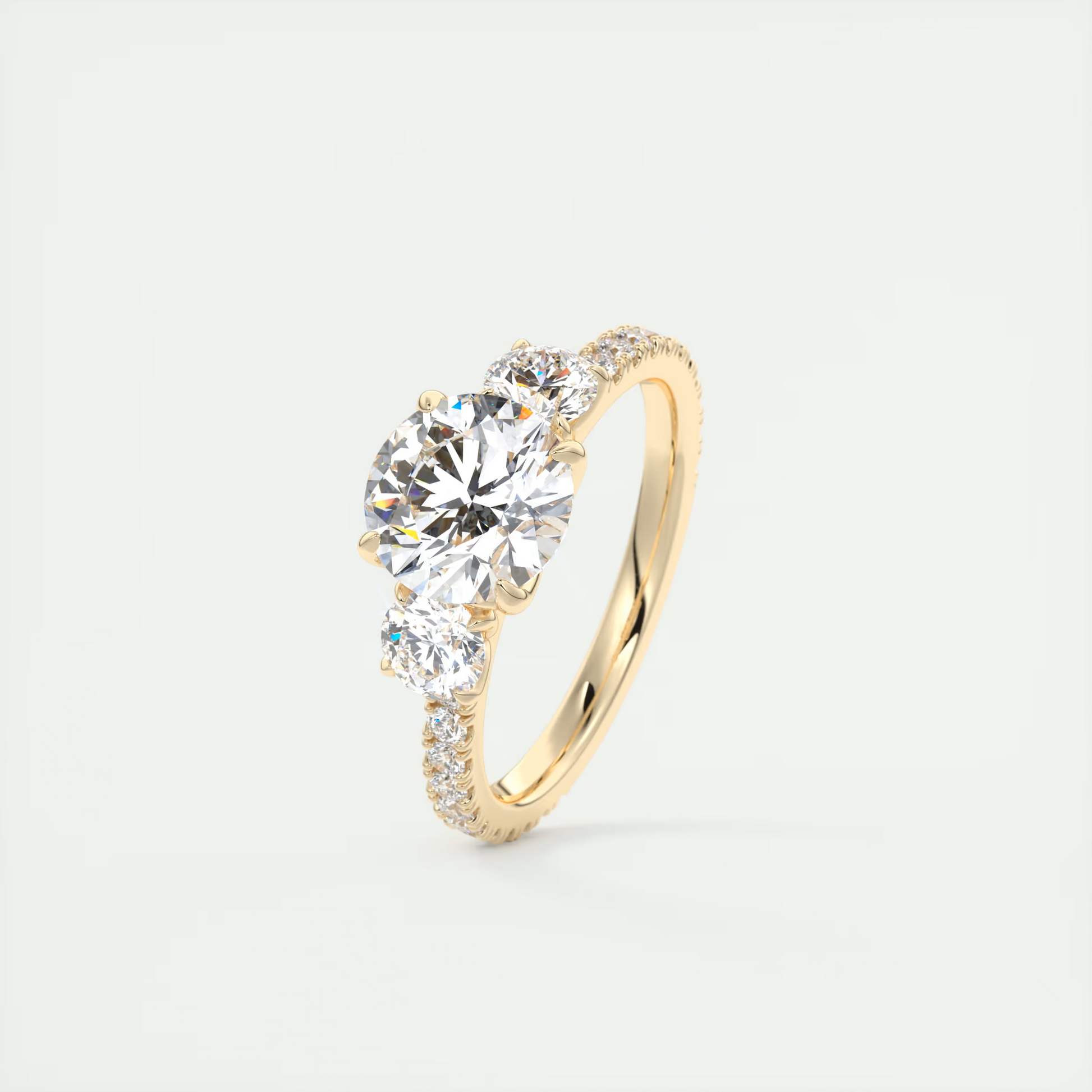 2 Carat Round Floral Three-Stone Engagement Ring – 1.8mm French Set Pavé