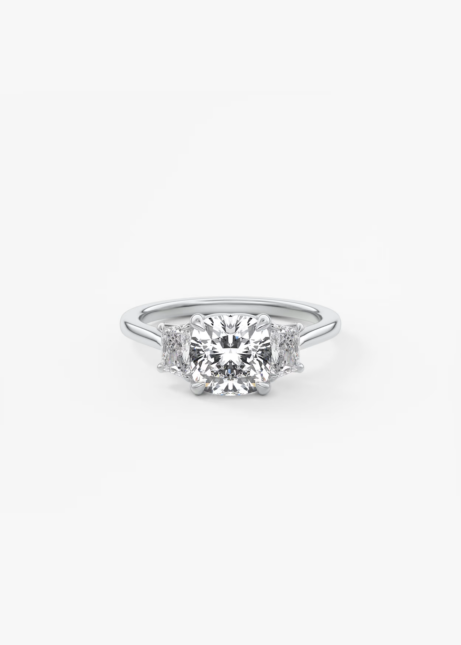 Harmonious 2 Carat Cushion Brilliant Trapezoid Three-Stone Engagement Ring