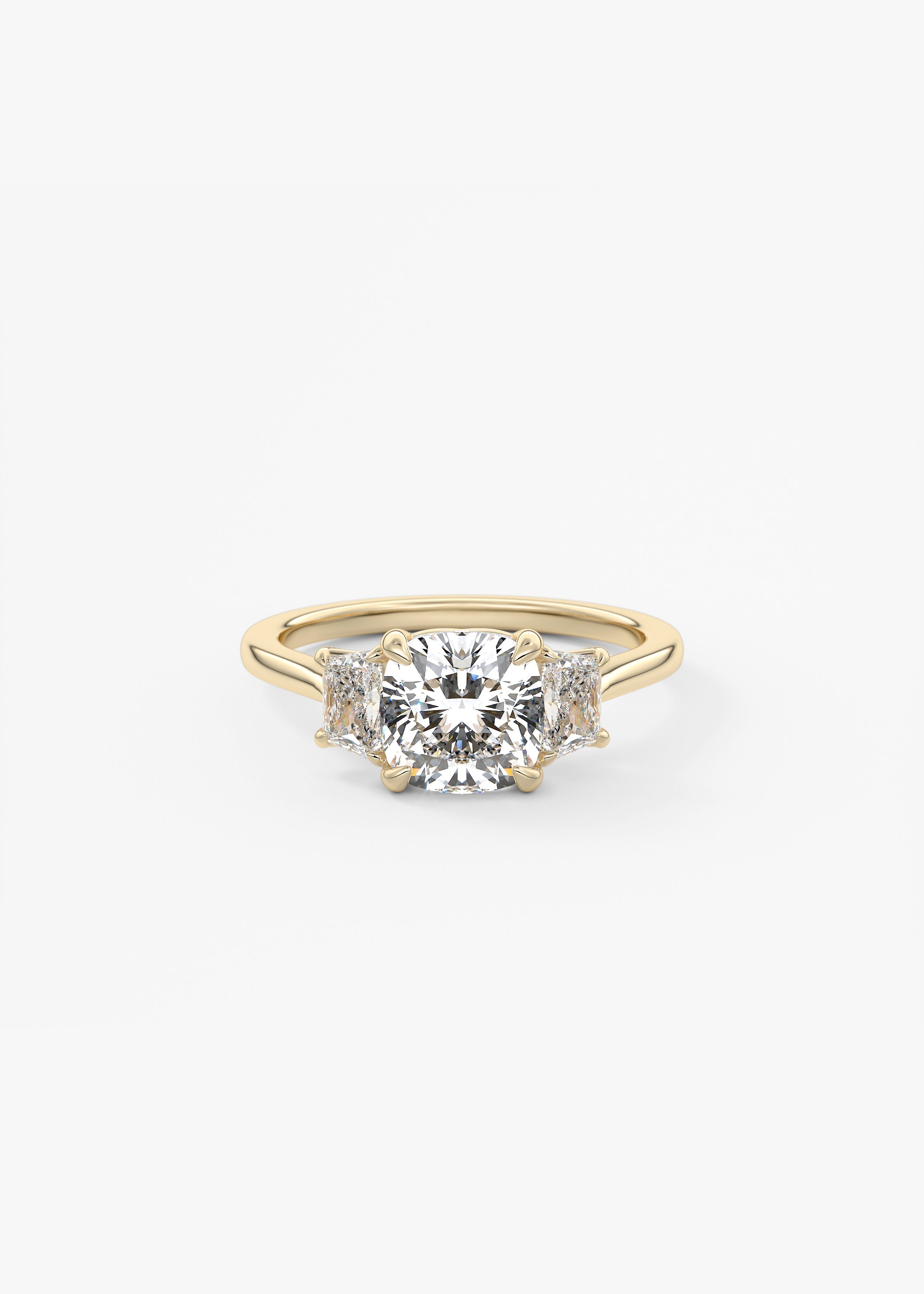 Harmonious 2 Carat Cushion Brilliant Trapezoid Three-Stone Engagement Ring