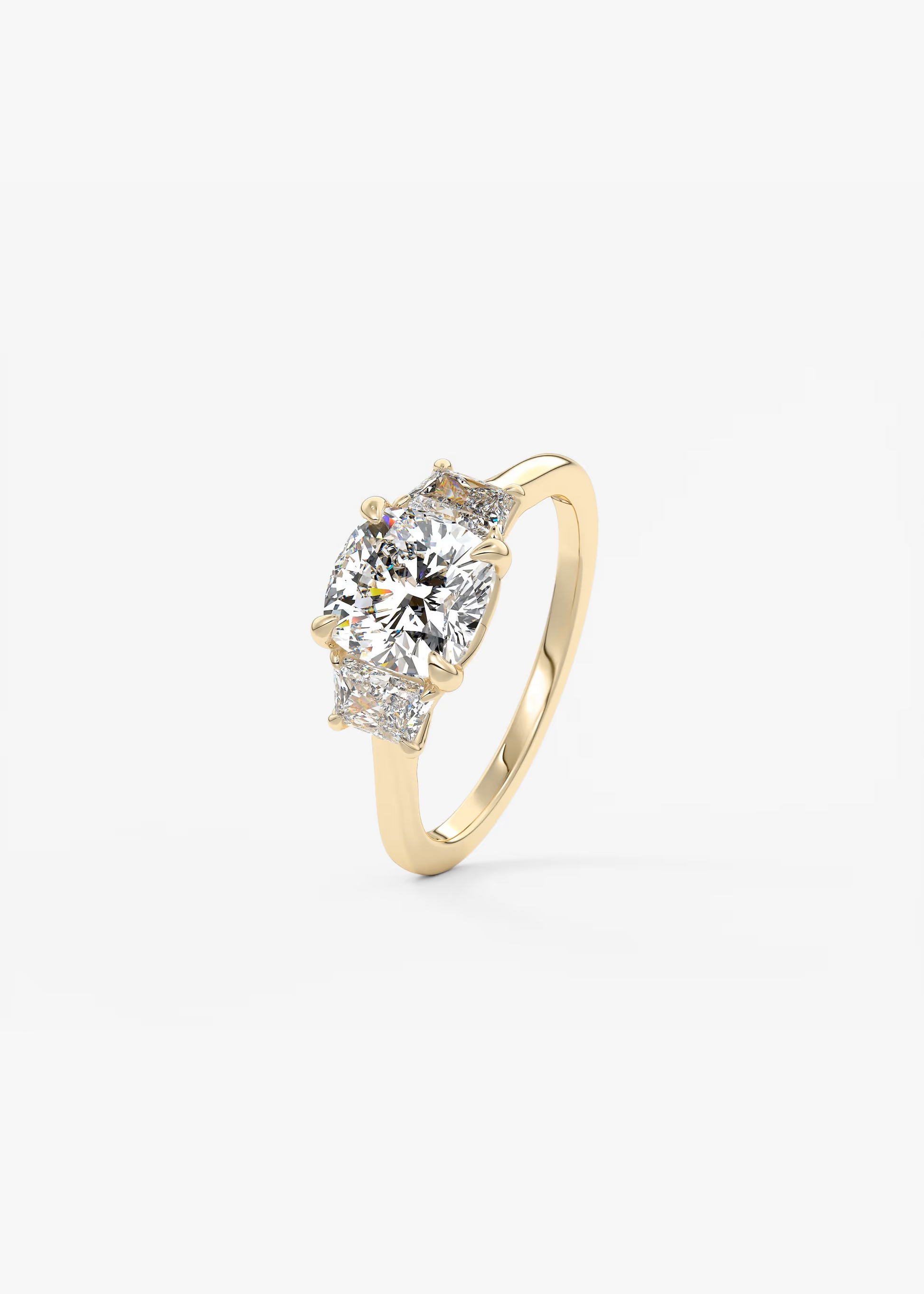 Harmonious 2 Carat Cushion Brilliant Trapezoid Three-Stone Engagement Ring