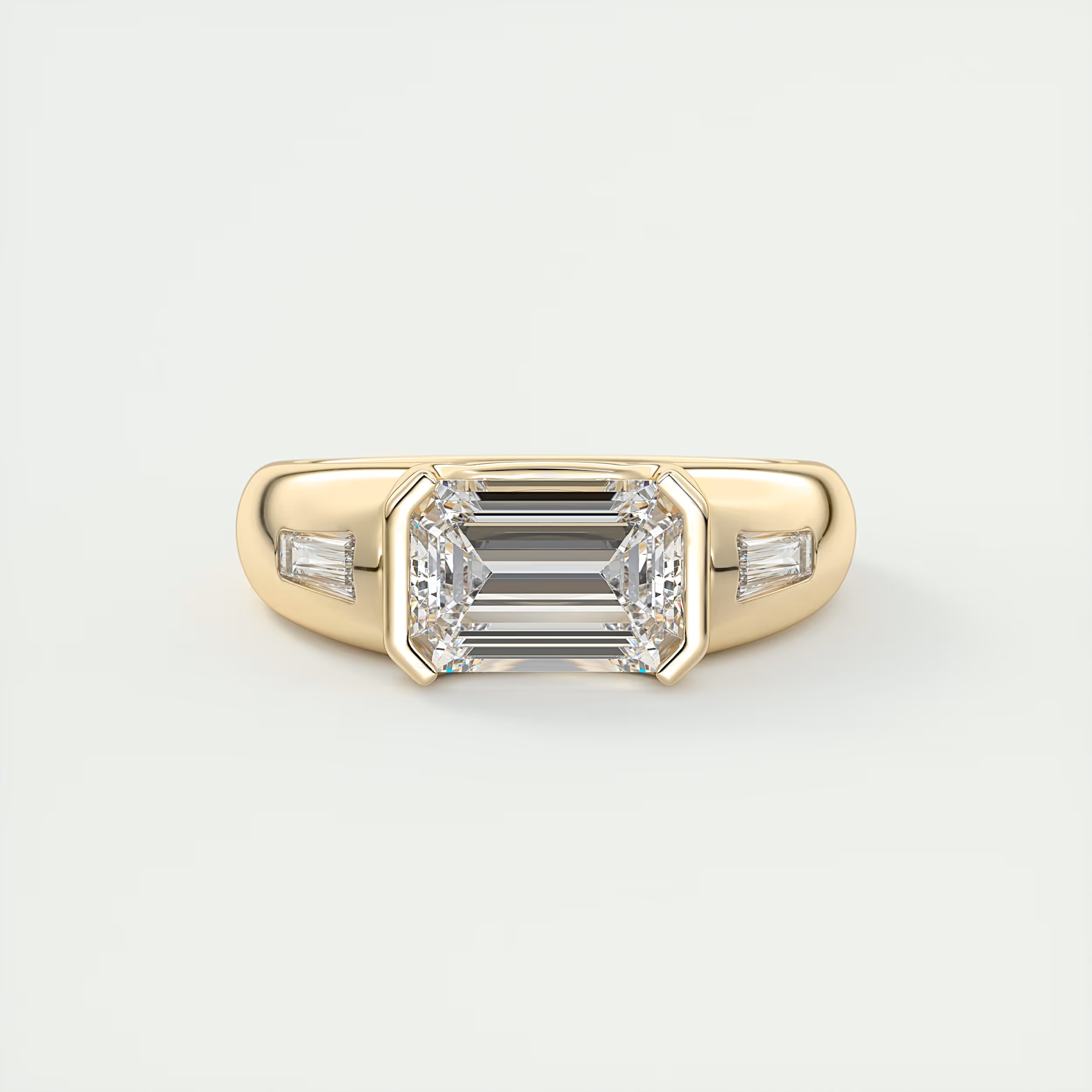 Chunky 2 Carat Emerald & Tapered Baguettes Chunky Half Bezel Three-Stone Ring