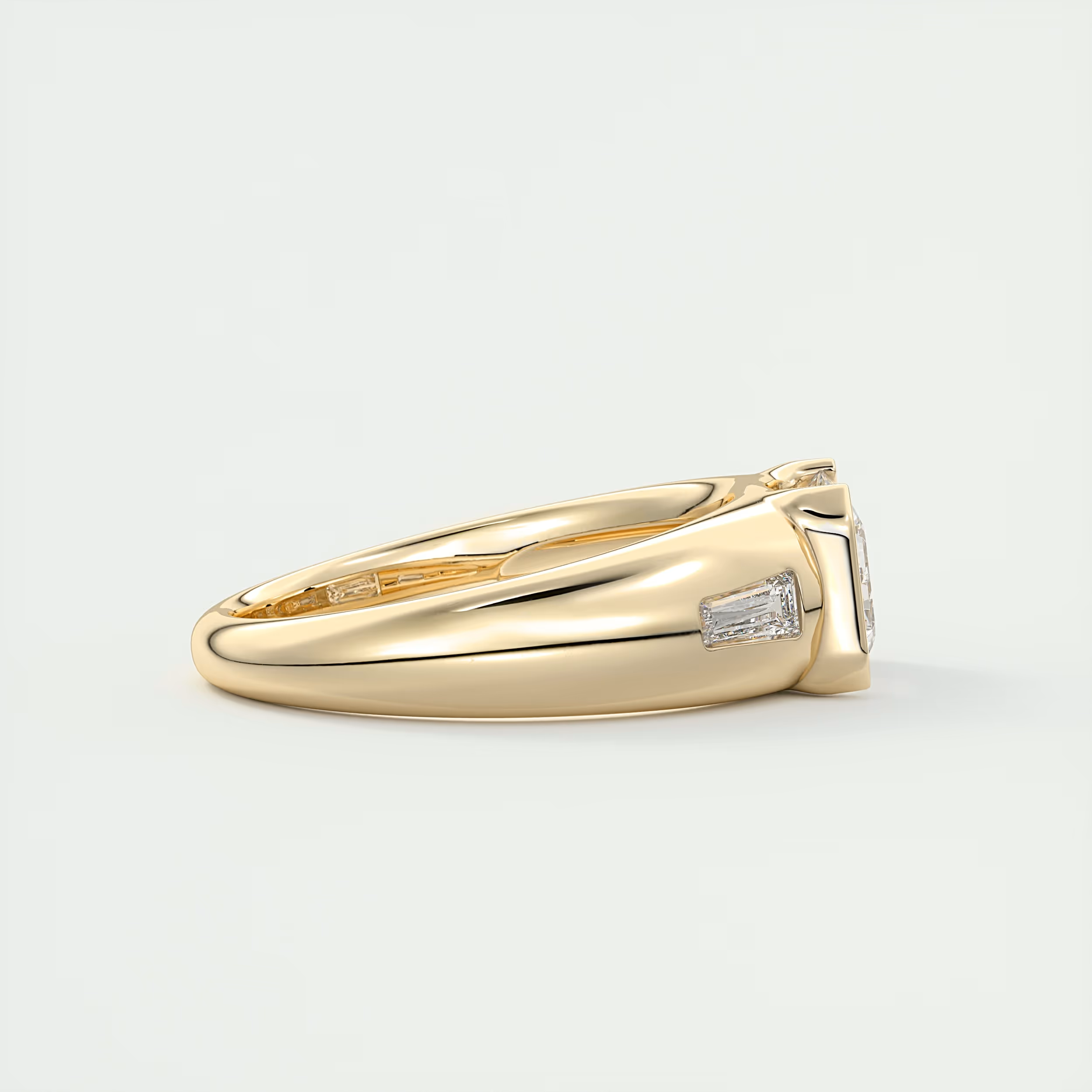 Chunky 2 Carat Emerald & Tapered Baguettes Chunky Half Bezel Three-Stone Ring