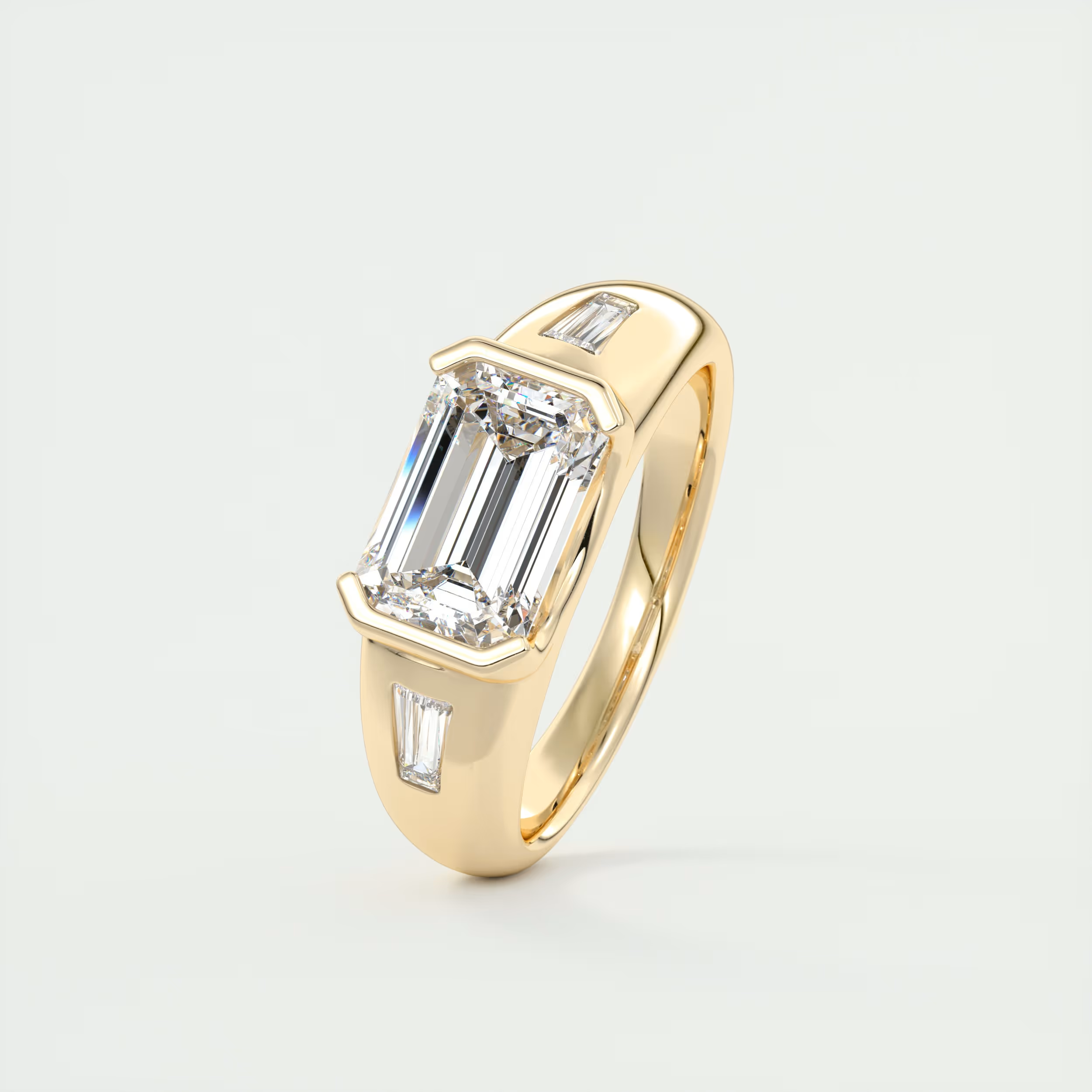 Chunky 2 Carat Emerald & Tapered Baguettes Chunky Half Bezel Three-Stone Ring