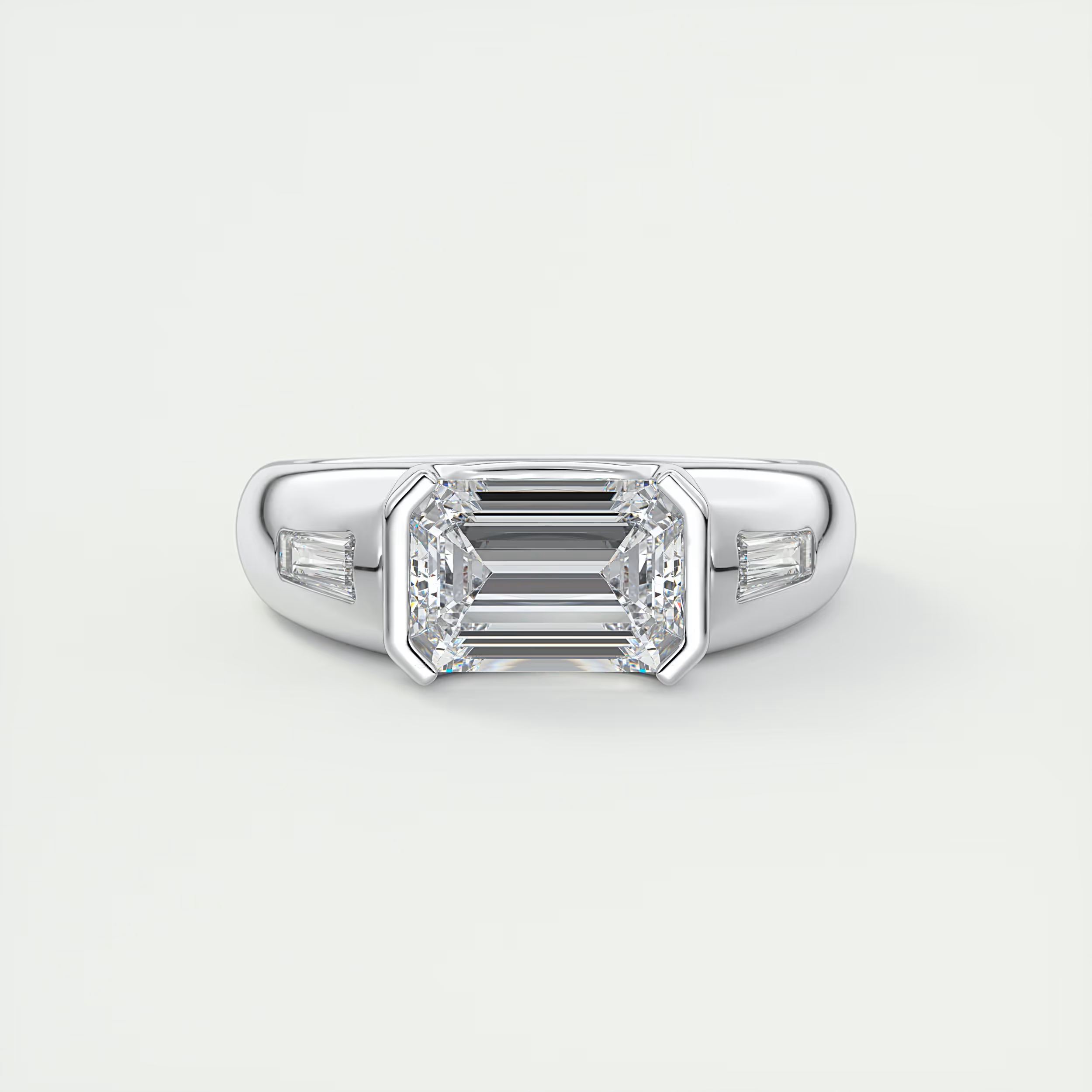 Chunky 2 Carat Emerald & Tapered Baguettes Chunky Half Bezel Three-Stone Ring