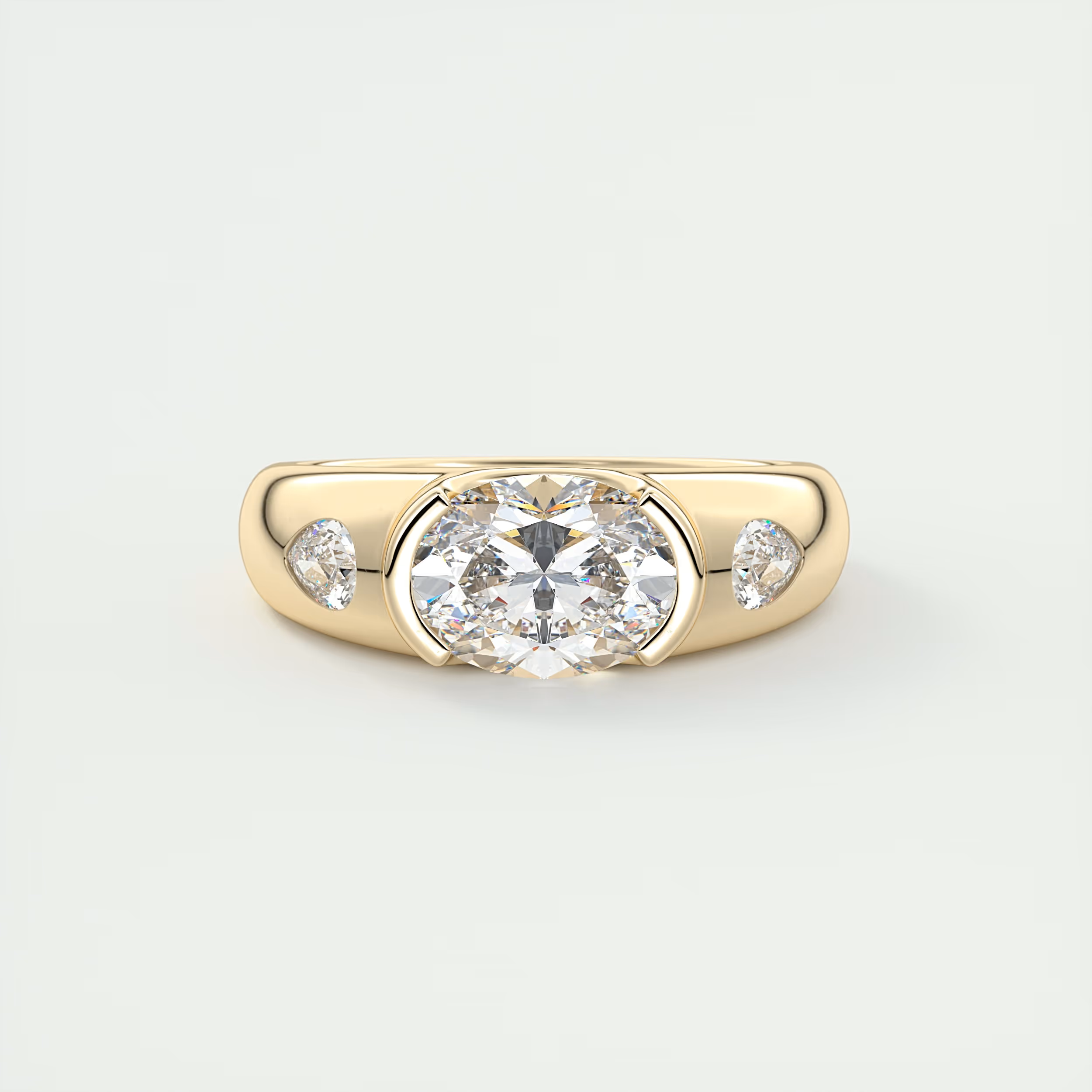 Chunky 1.5 Carat Oval & Pears Chunky Half Bezel Three-Stone Ring