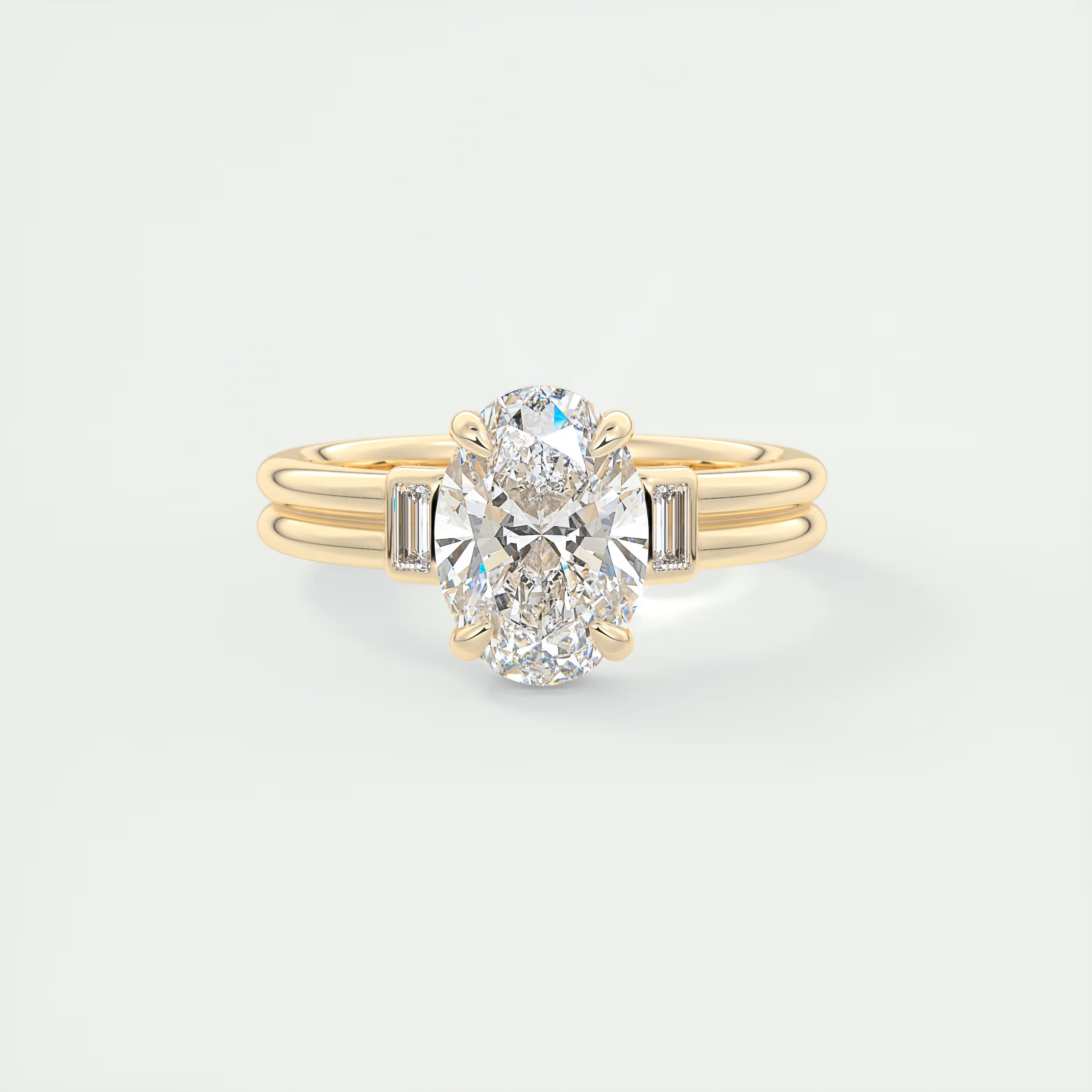 Modern 2 Carat Oval & Baguettes Three-Stone Engagement Ring