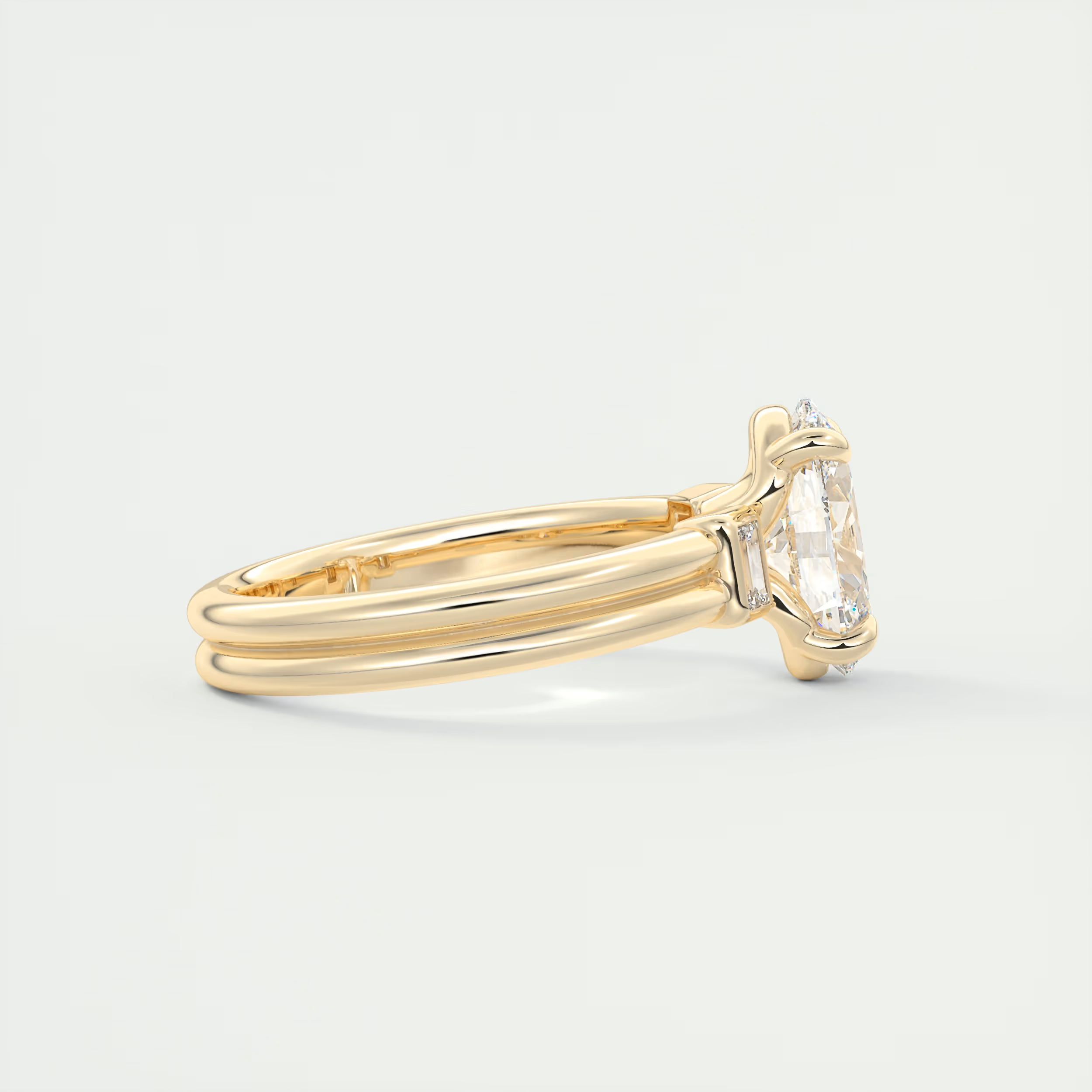 Modern 2 Carat Oval & Baguettes Three-Stone Engagement Ring