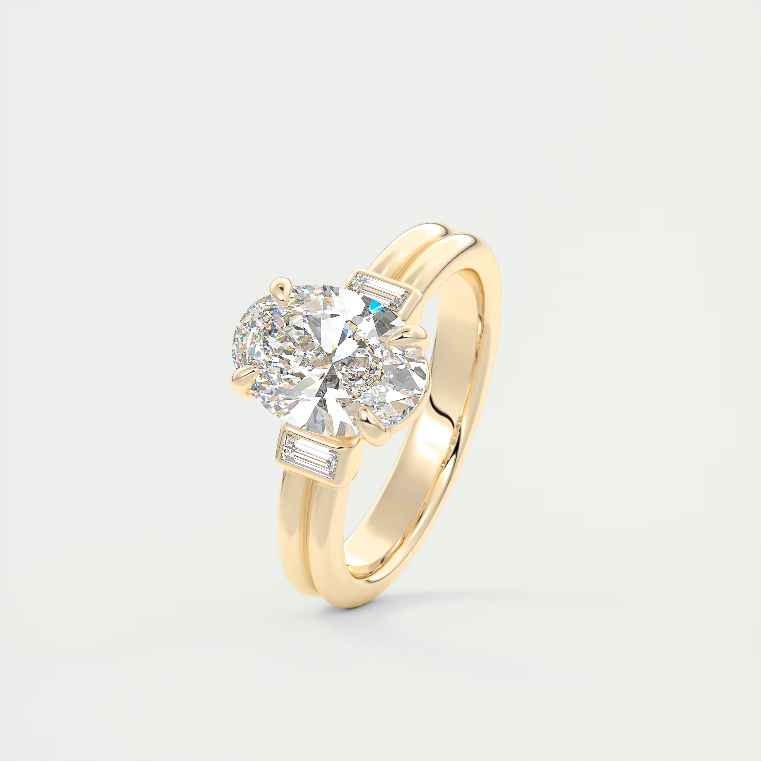 Modern 2 Carat Oval & Baguettes Three-Stone Engagement Ring