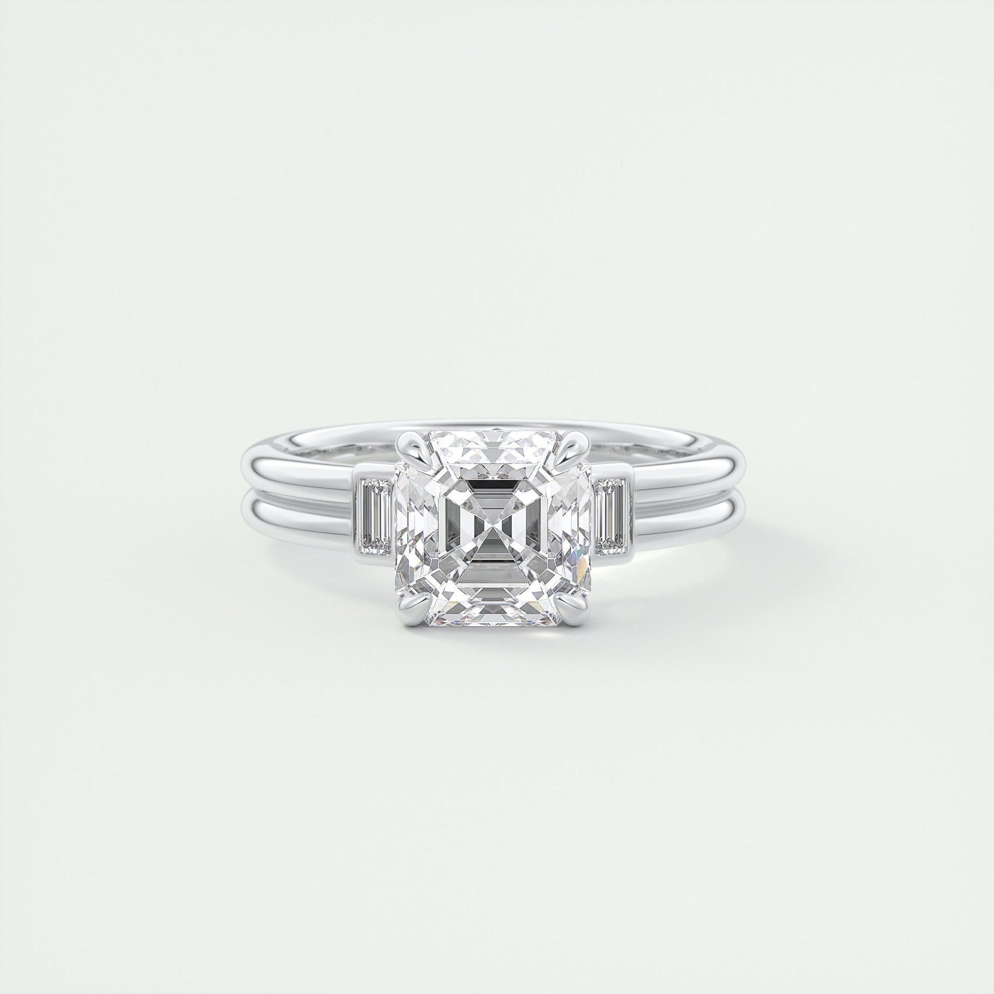 Radiant 2 Carat Asscher & Baguettes Three-Stone Engagement Ring