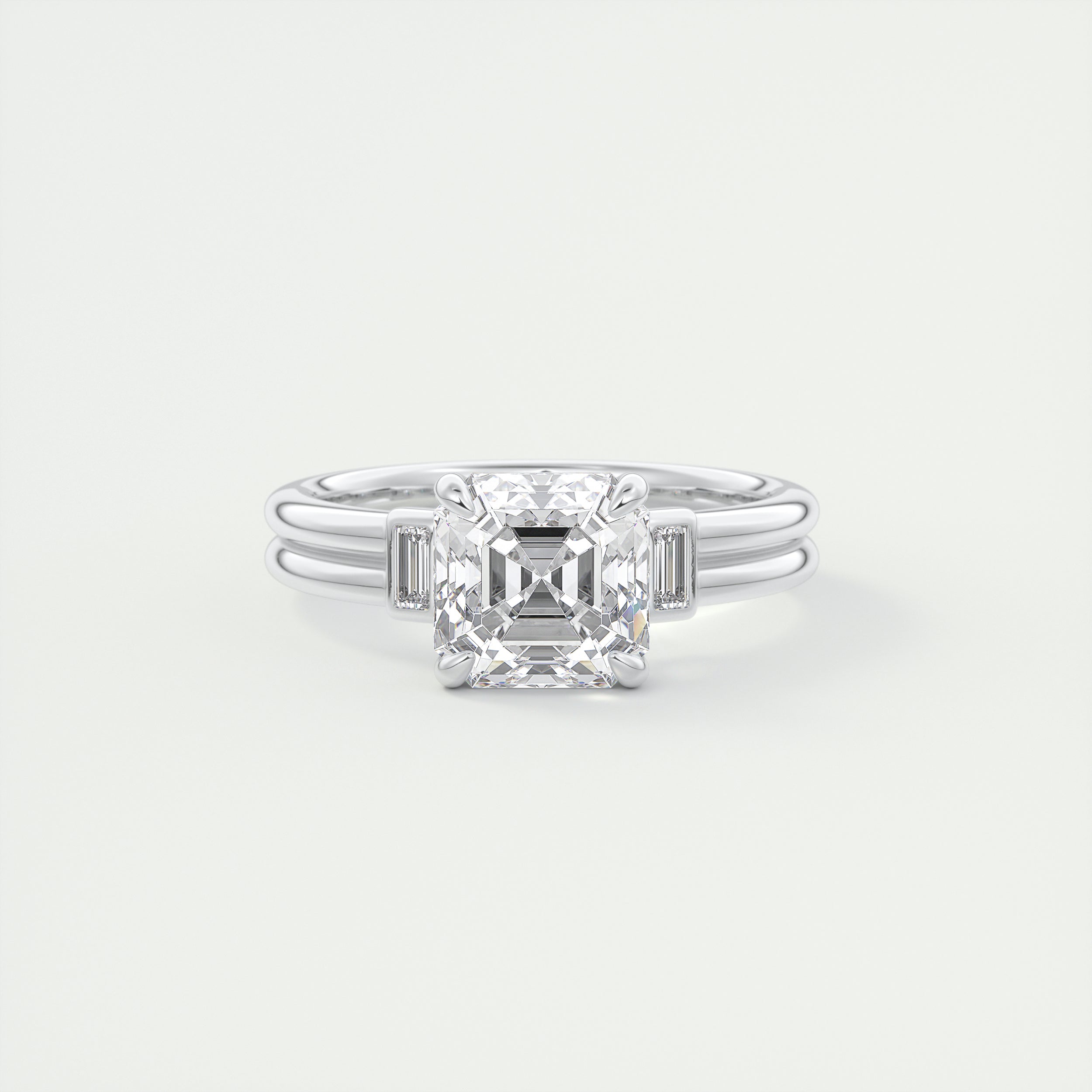 Radiant 2 Carat Asscher & Baguettes Three-Stone Engagement Ring