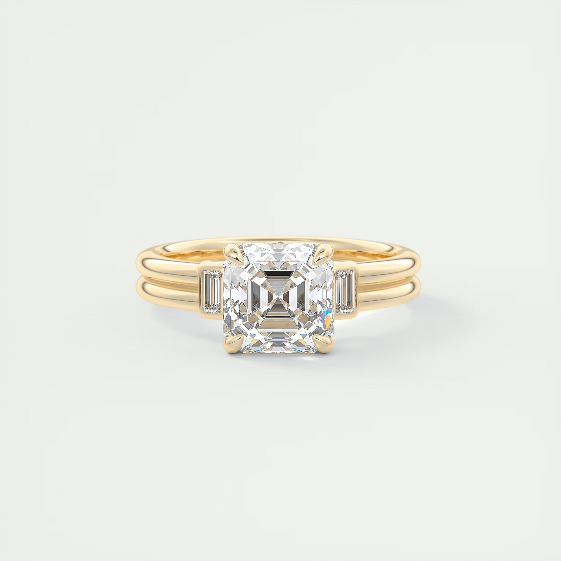Radiant 2 Carat Asscher & Baguettes Three-Stone Engagement Ring