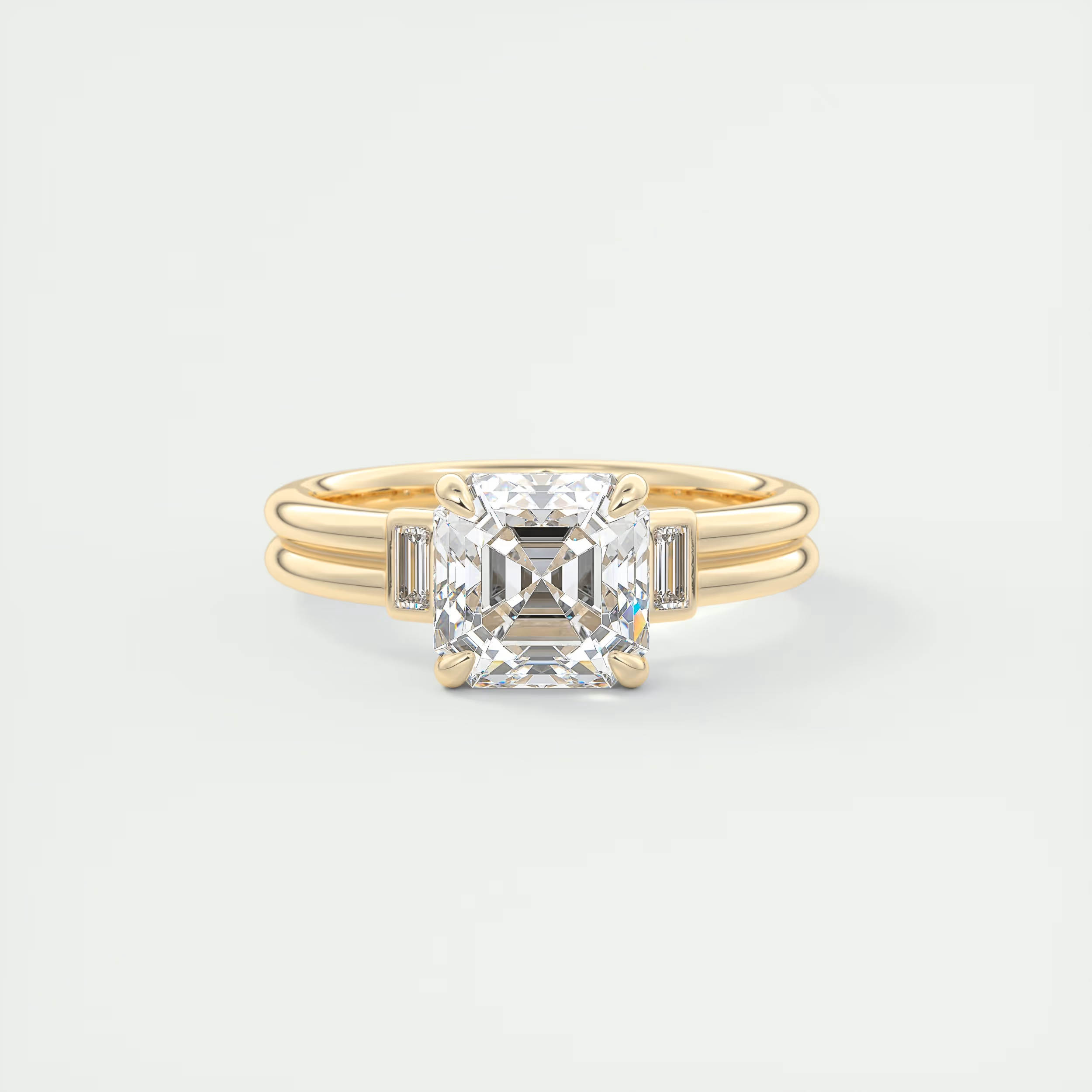 Radiant 2 Carat Asscher & Baguettes Three-Stone Engagement Ring
