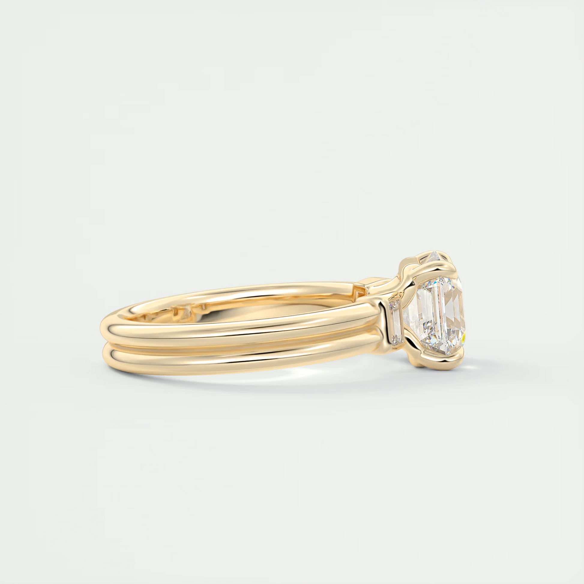 Radiant 2 Carat Asscher & Baguettes Three-Stone Engagement Ring