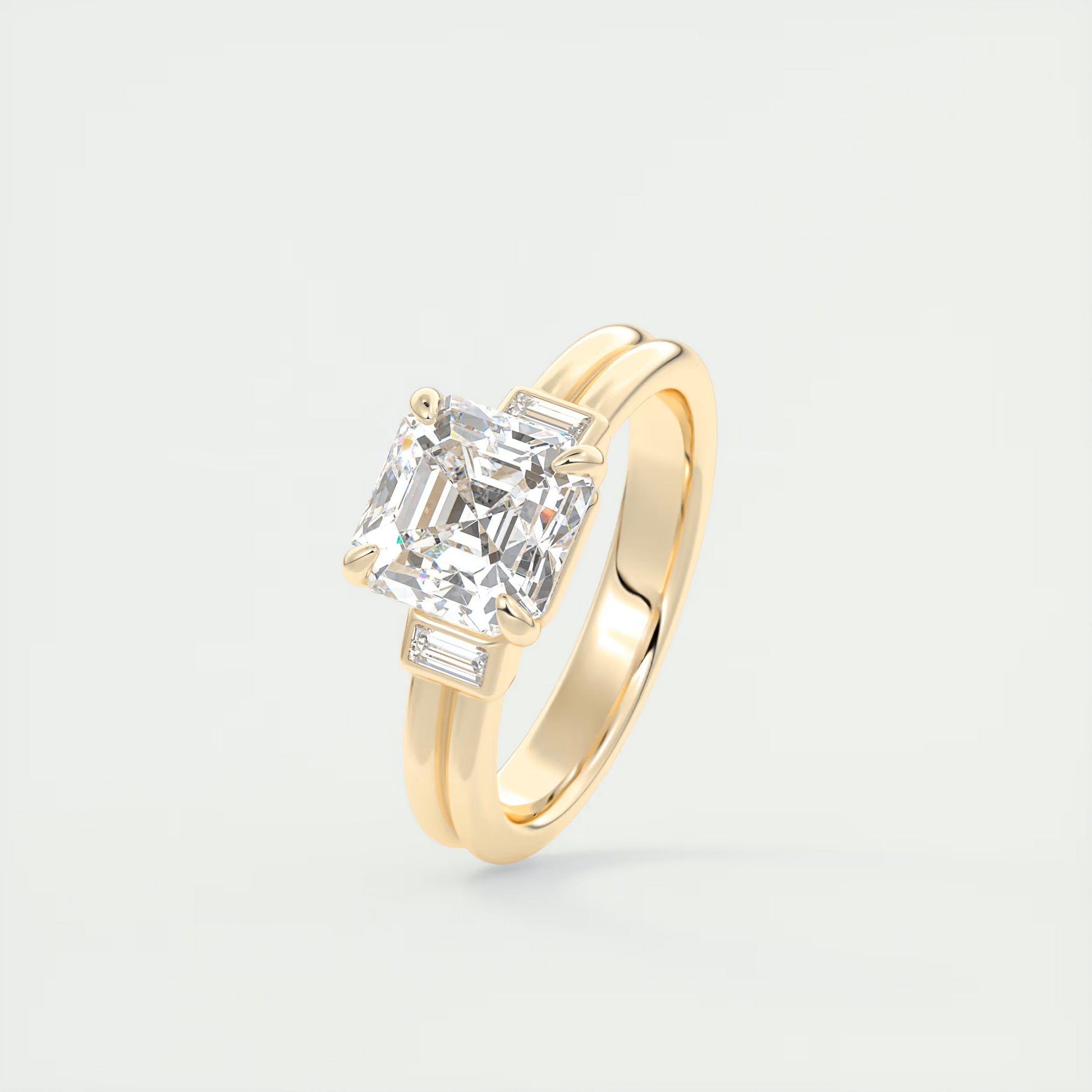 Radiant 2 Carat Asscher & Baguettes Three-Stone Engagement Ring