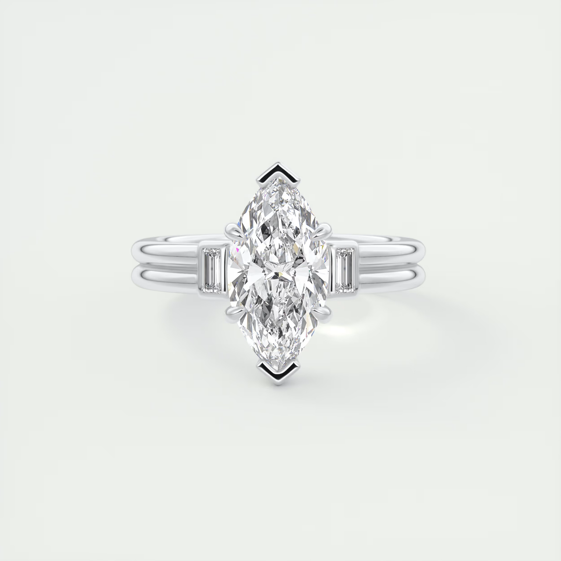 Sleek 2 Carat Marquise & Baguette Three-Stone Engagement Ring