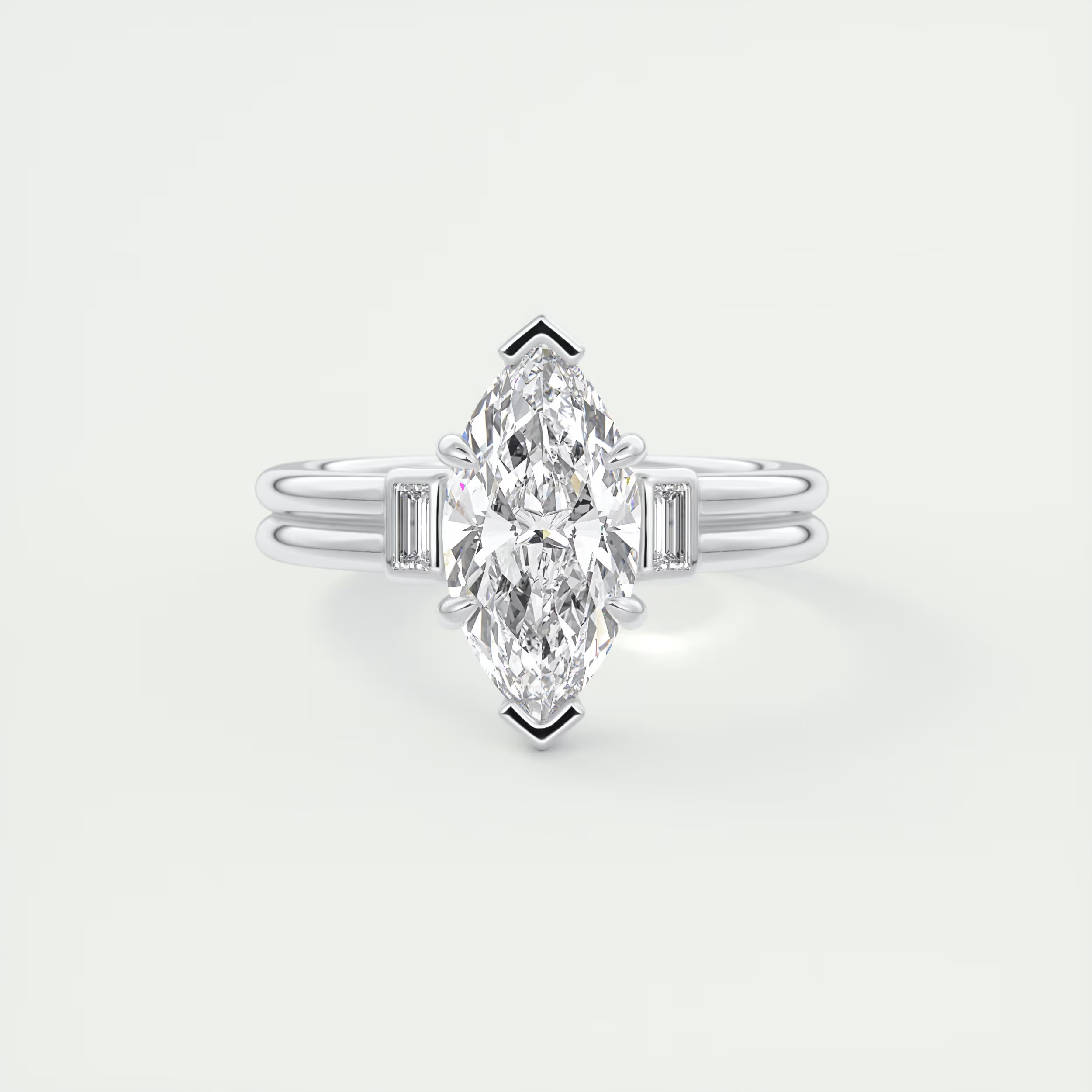Sleek 2 Carat Marquise & Baguette Three-Stone Engagement Ring