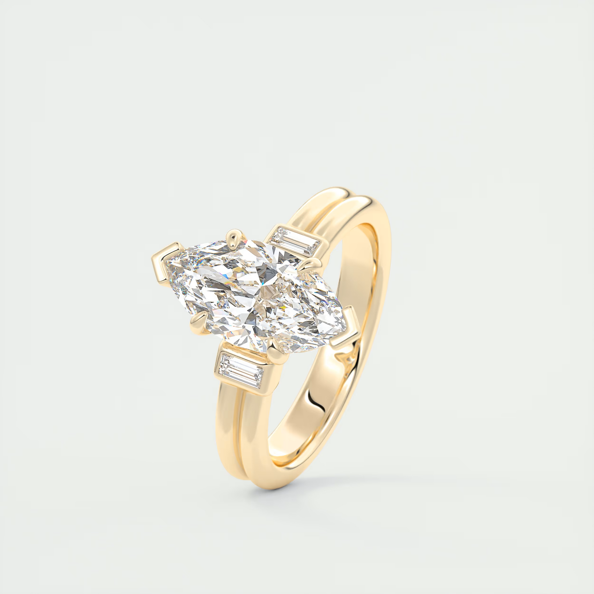 Sleek 2 Carat Marquise & Baguette Three-Stone Engagement Ring