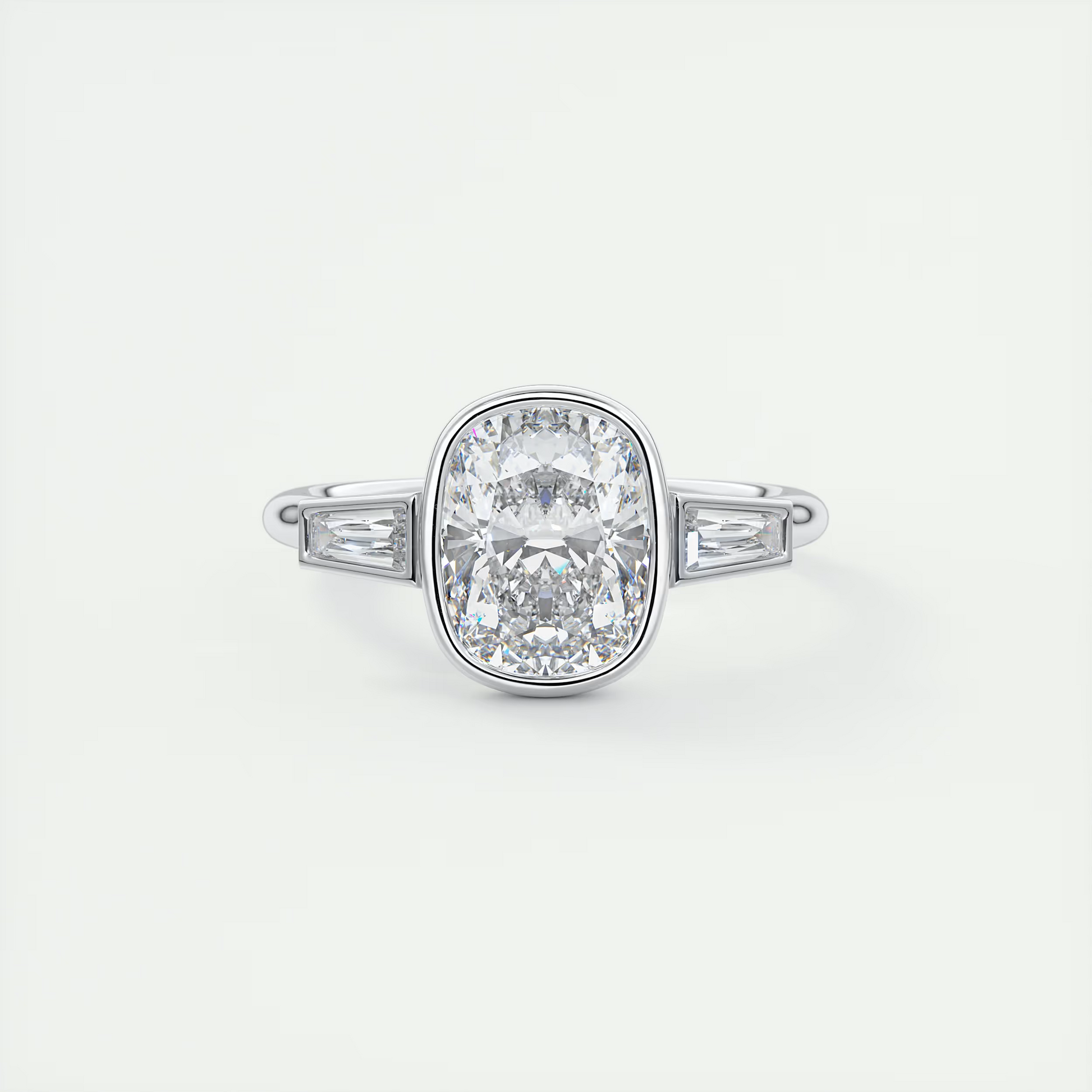 Bold 2 Carat Cushion & Tapered Baguette Three-Stone Bezel Set Engagement Ring
