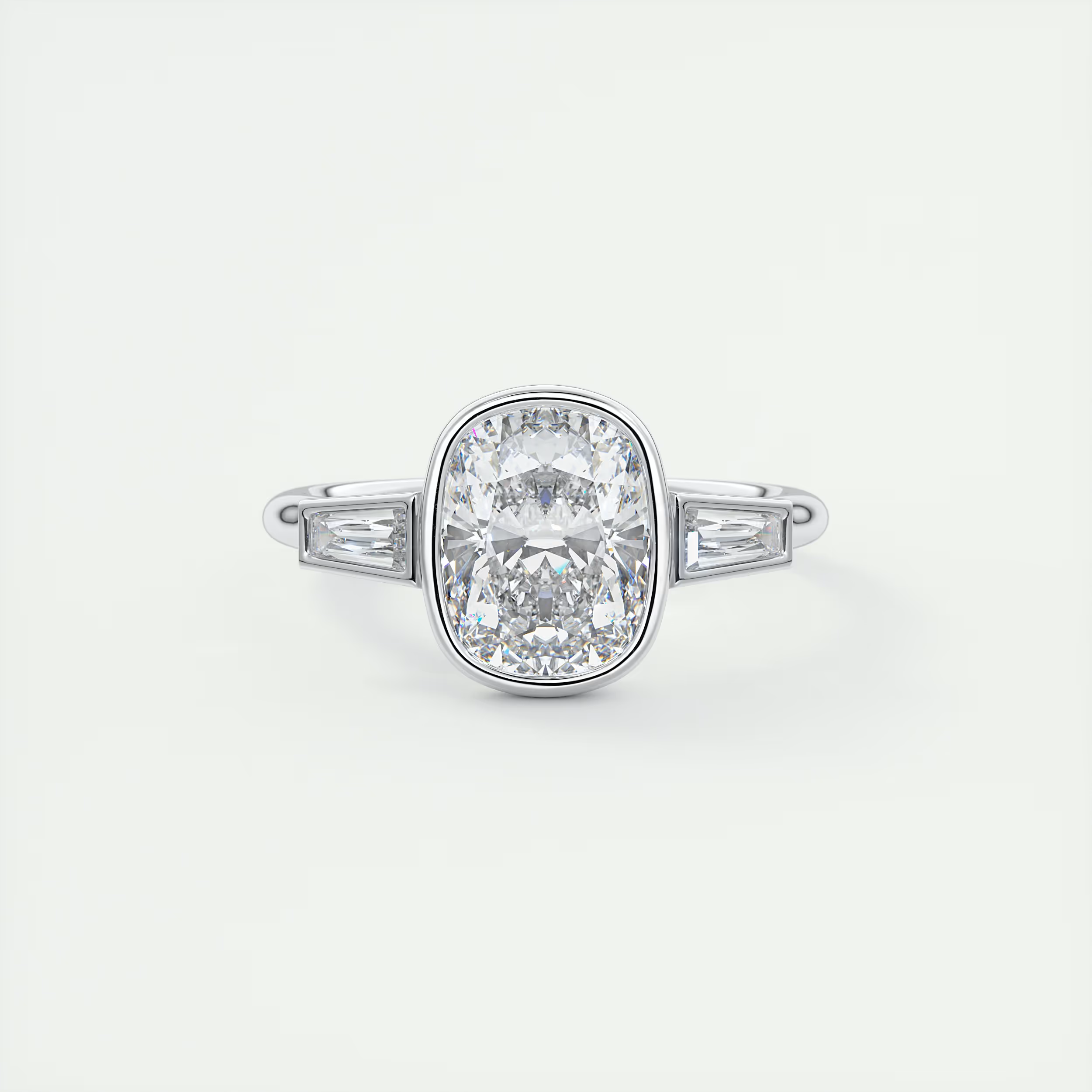 Bold 2 Carat Cushion & Tapered Baguette Three-Stone Bezel Set Engagement Ring