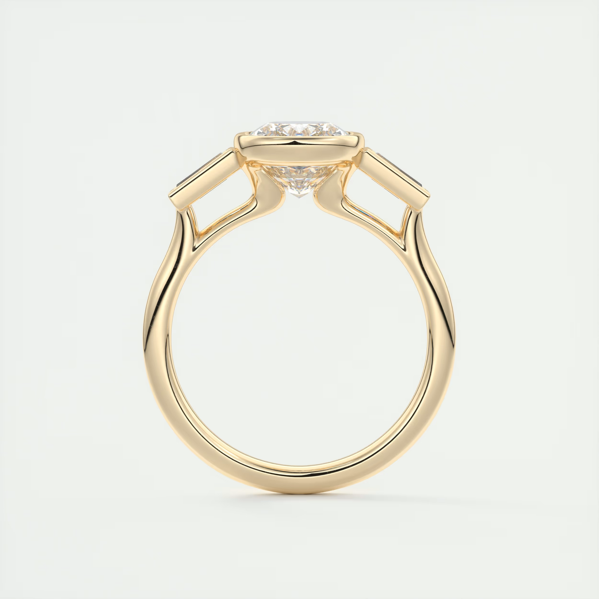 Bold 2 Carat Cushion & Tapered Baguette Three-Stone Bezel Set Engagement Ring