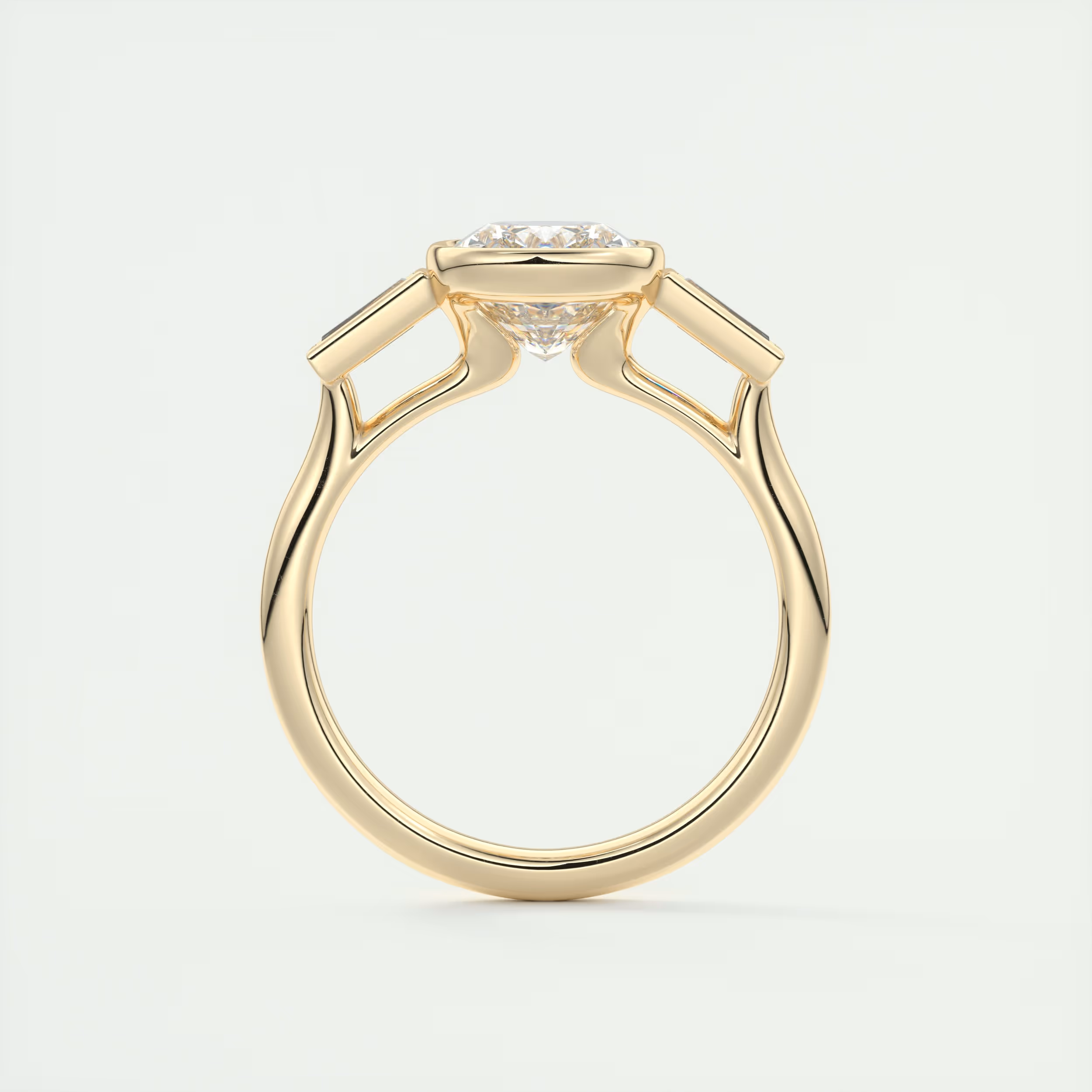 Bold 2 Carat Cushion & Tapered Baguette Three-Stone Bezel Set Engagement Ring