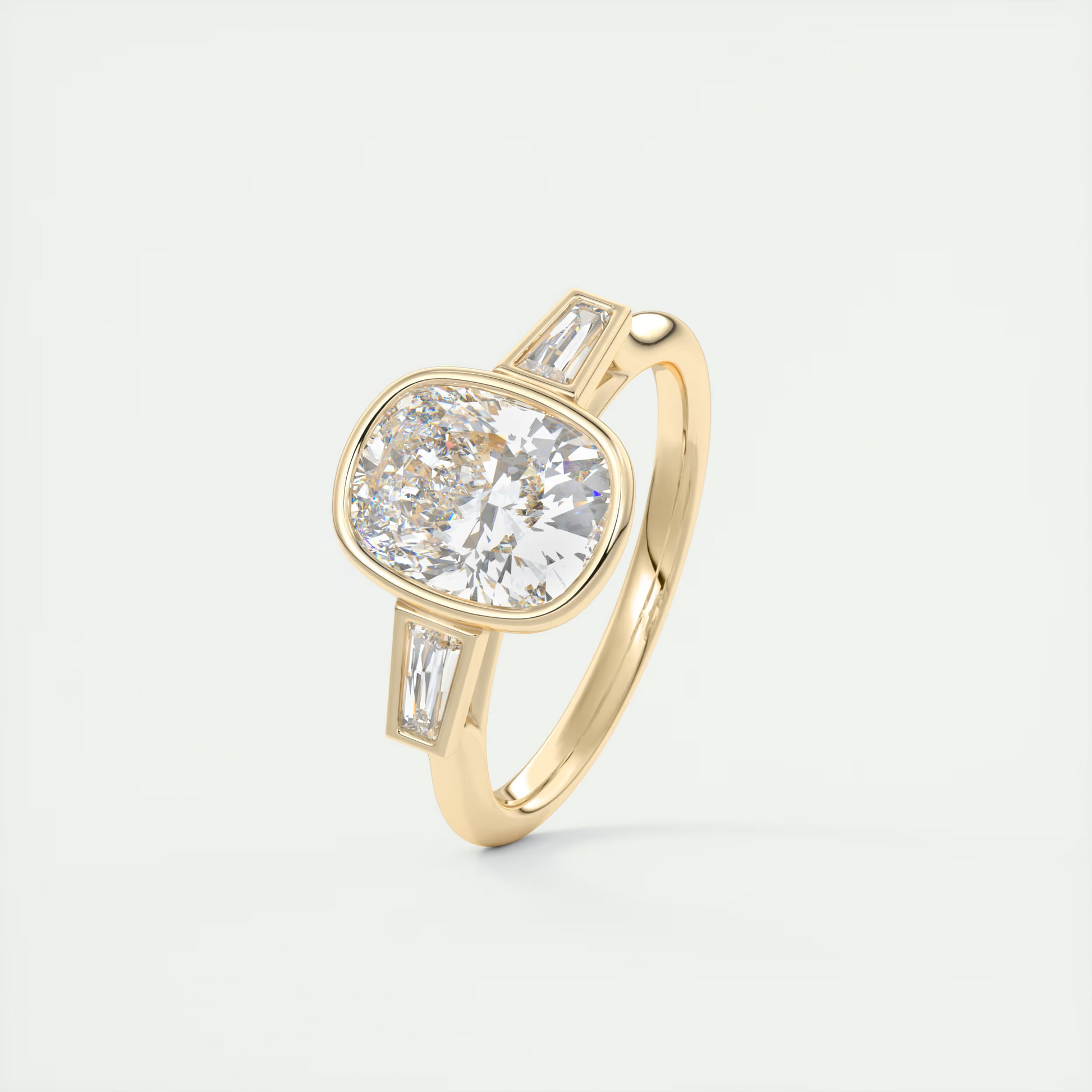 Bold 2 Carat Cushion & Tapered Baguette Three-Stone Bezel Set Engagement Ring