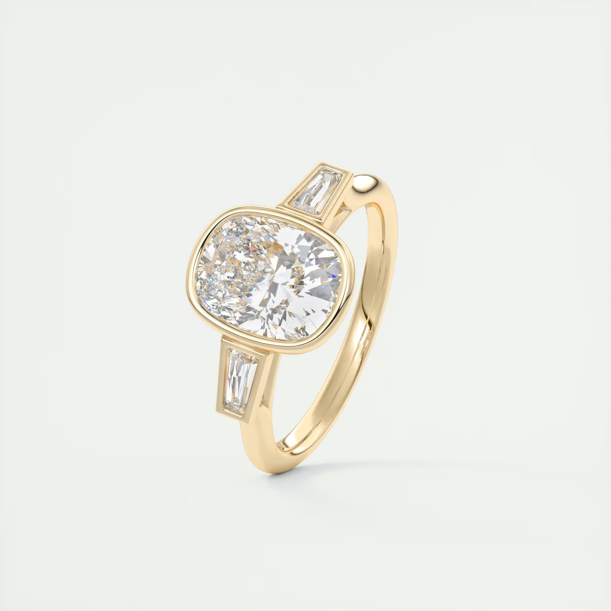 Bold 2 Carat Cushion & Tapered Baguette Three-Stone Bezel Set Engagement Ring