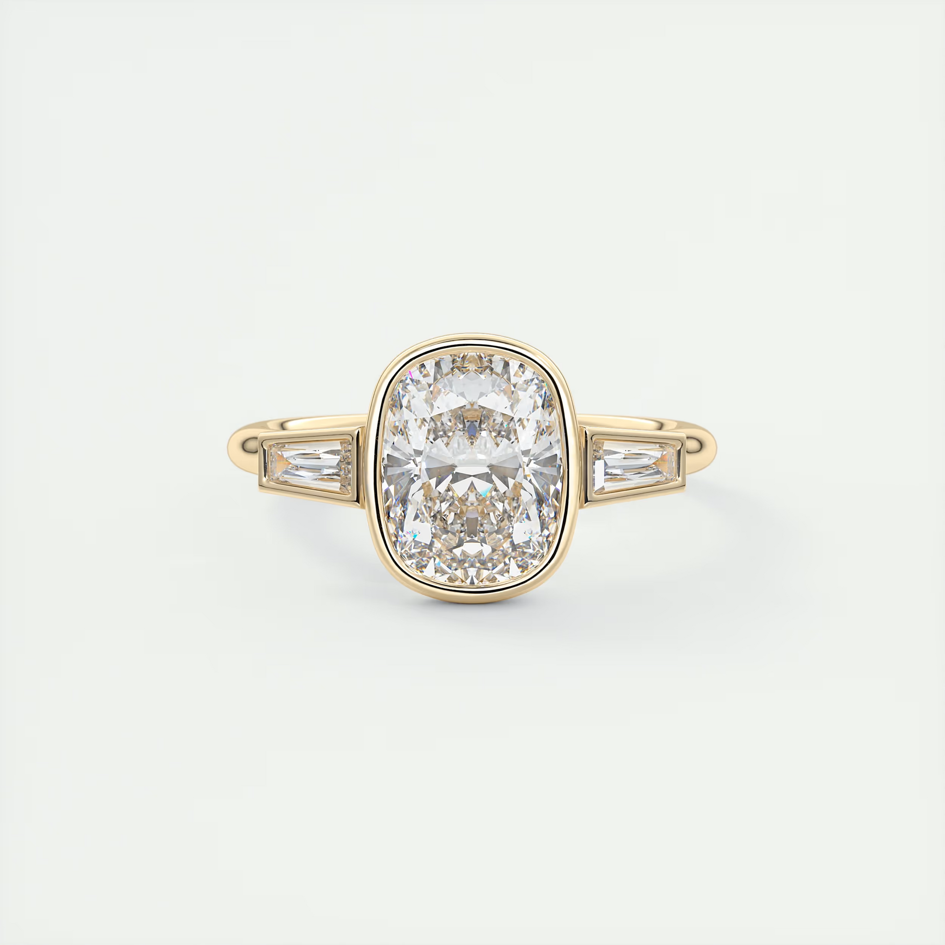 Bold 2 Carat Cushion & Tapered Baguette Three-Stone Bezel Set Engagement Ring