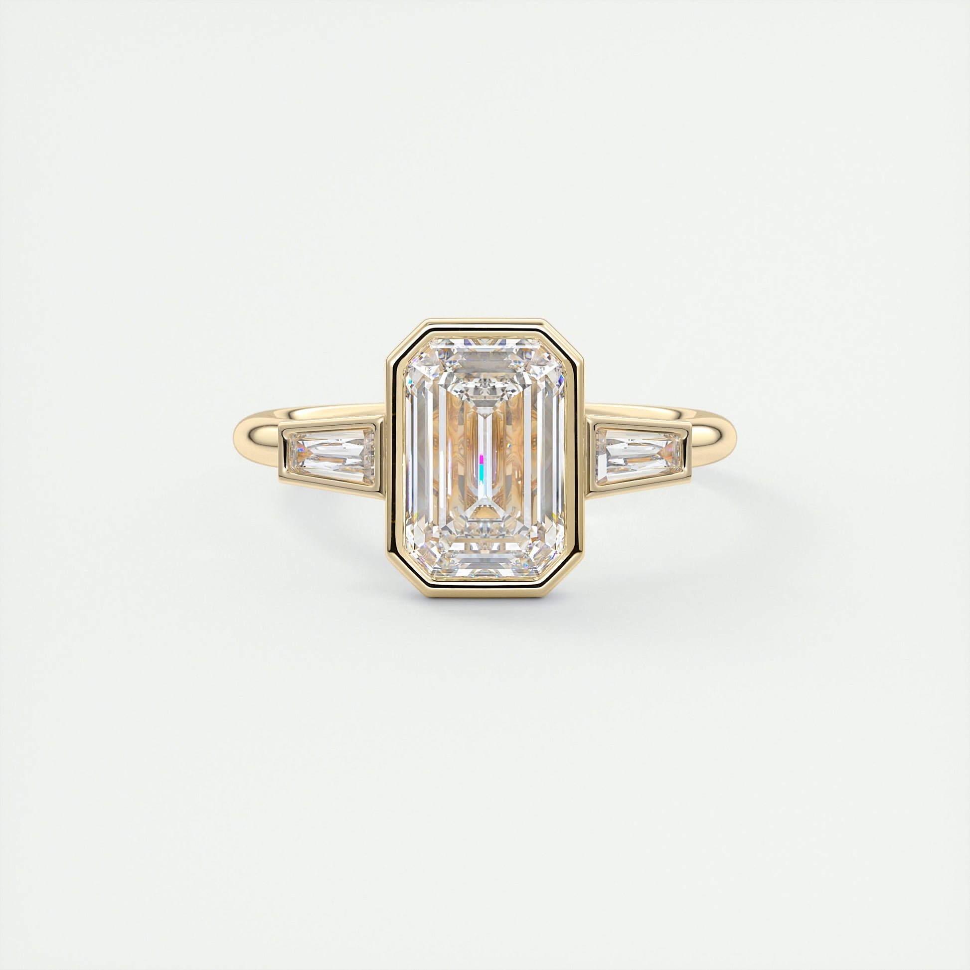 Architectural 2 Carat Emerald & Baguette Three-Stone Bezel Set Engagement Ring