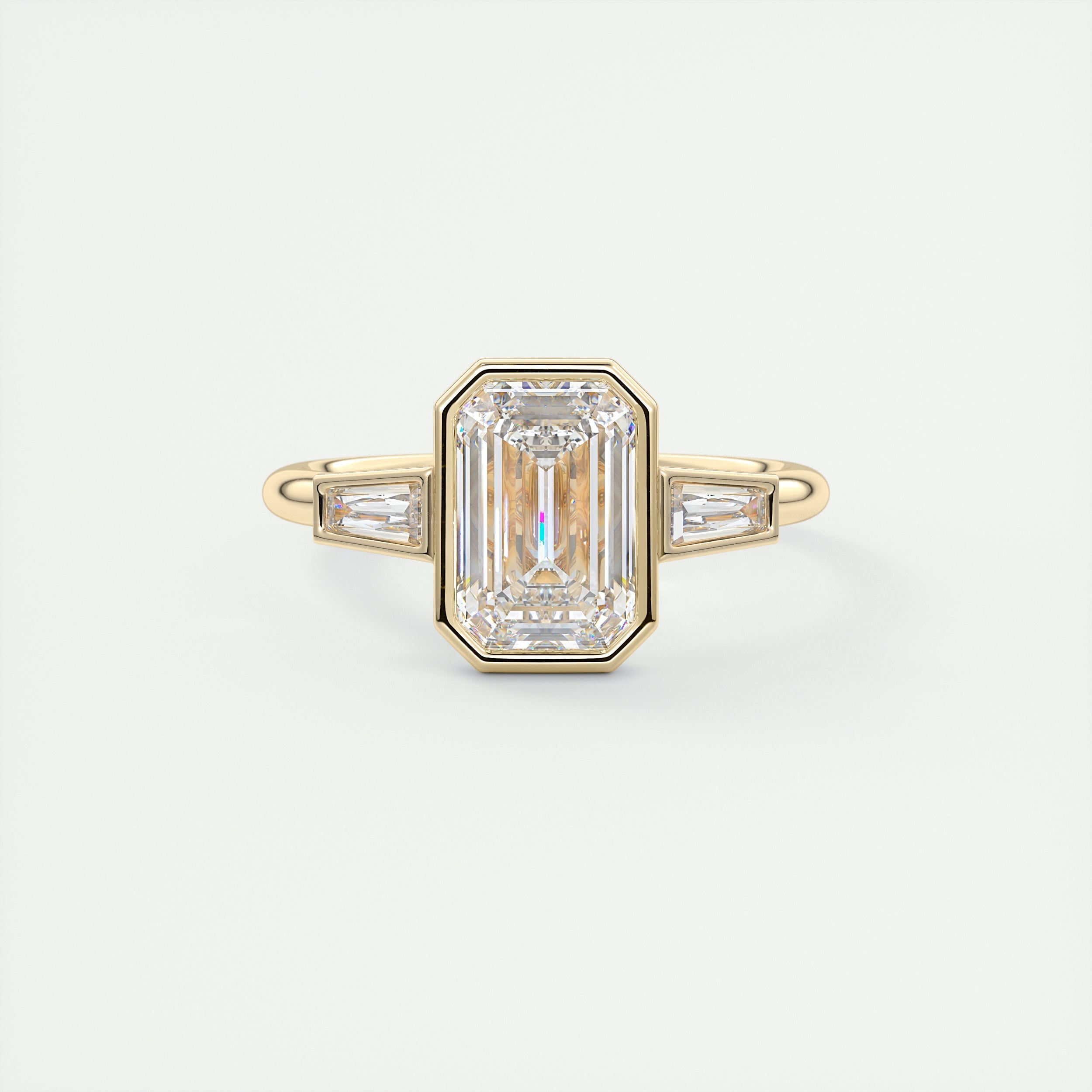 Architectural 2 Carat Emerald & Baguette Three-Stone Bezel Set Engagement Ring