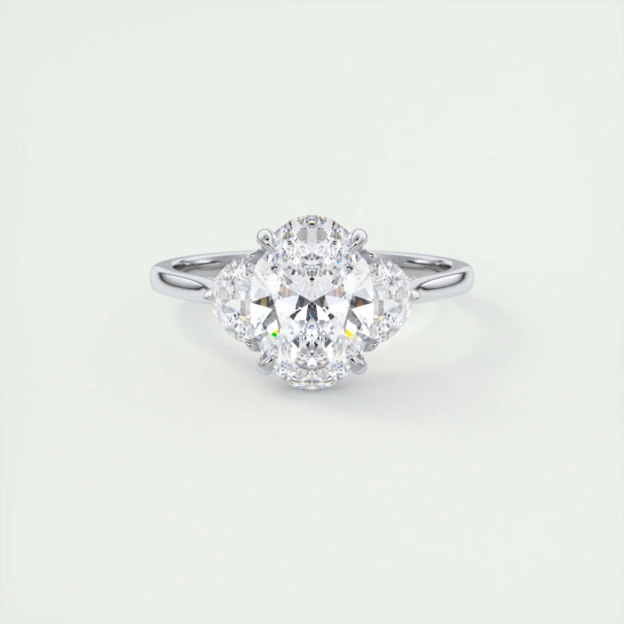 Unique 2 Carat Oval Half Moon Three-Stone Engagement Ring