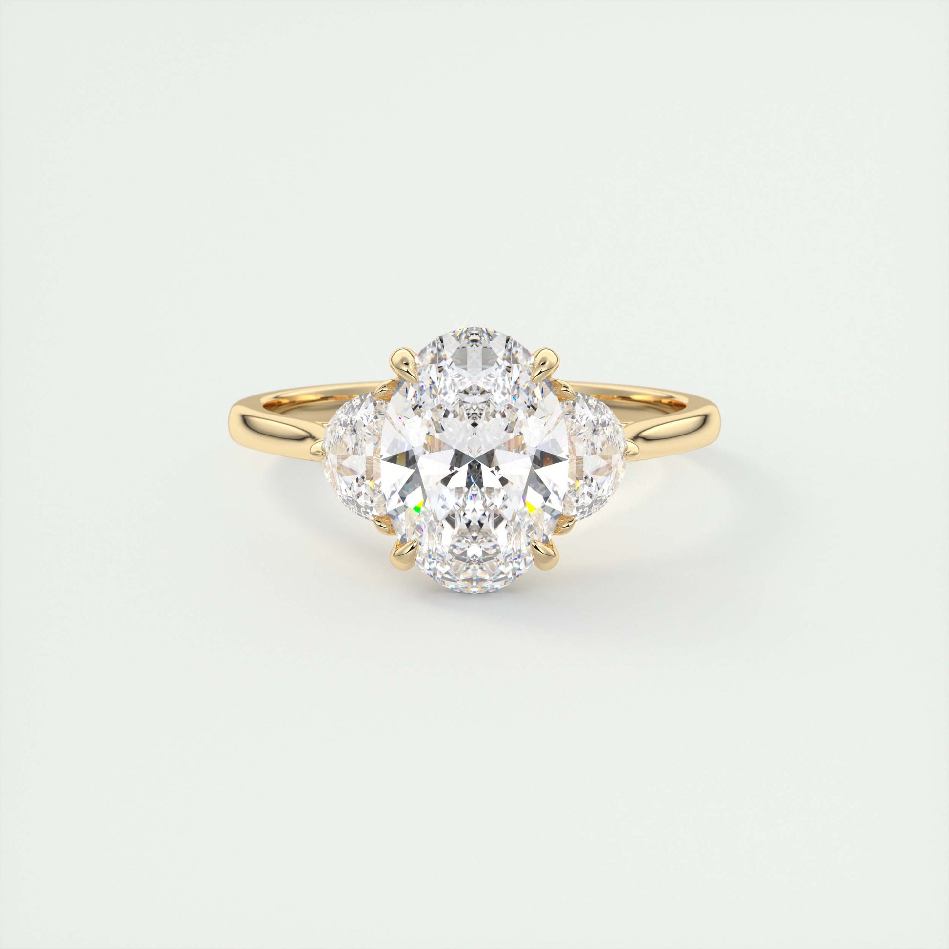 Unique 2 Carat Oval Half Moon Three-Stone Engagement Ring