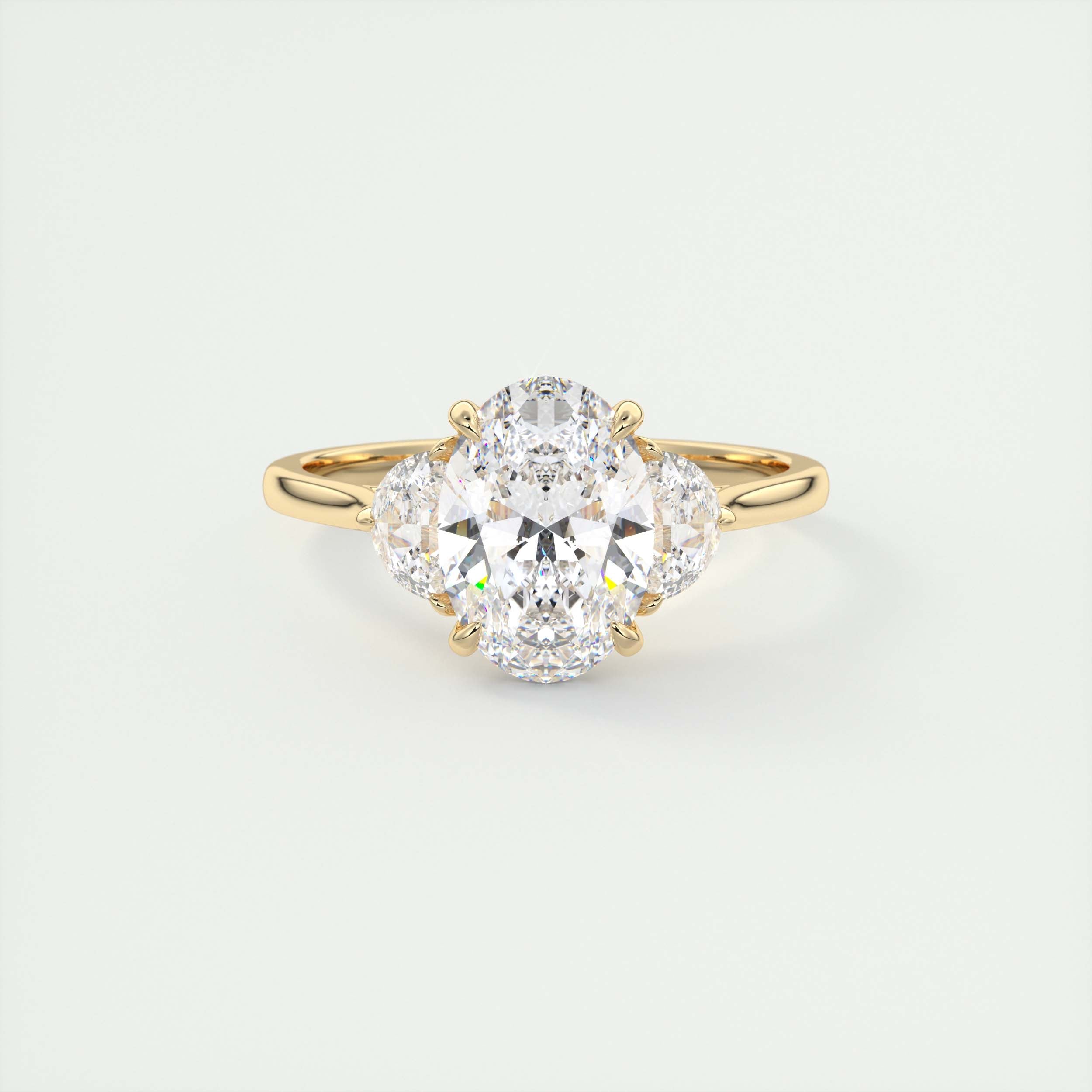 Unique 2 Carat Oval Half Moon Three-Stone Engagement Ring
