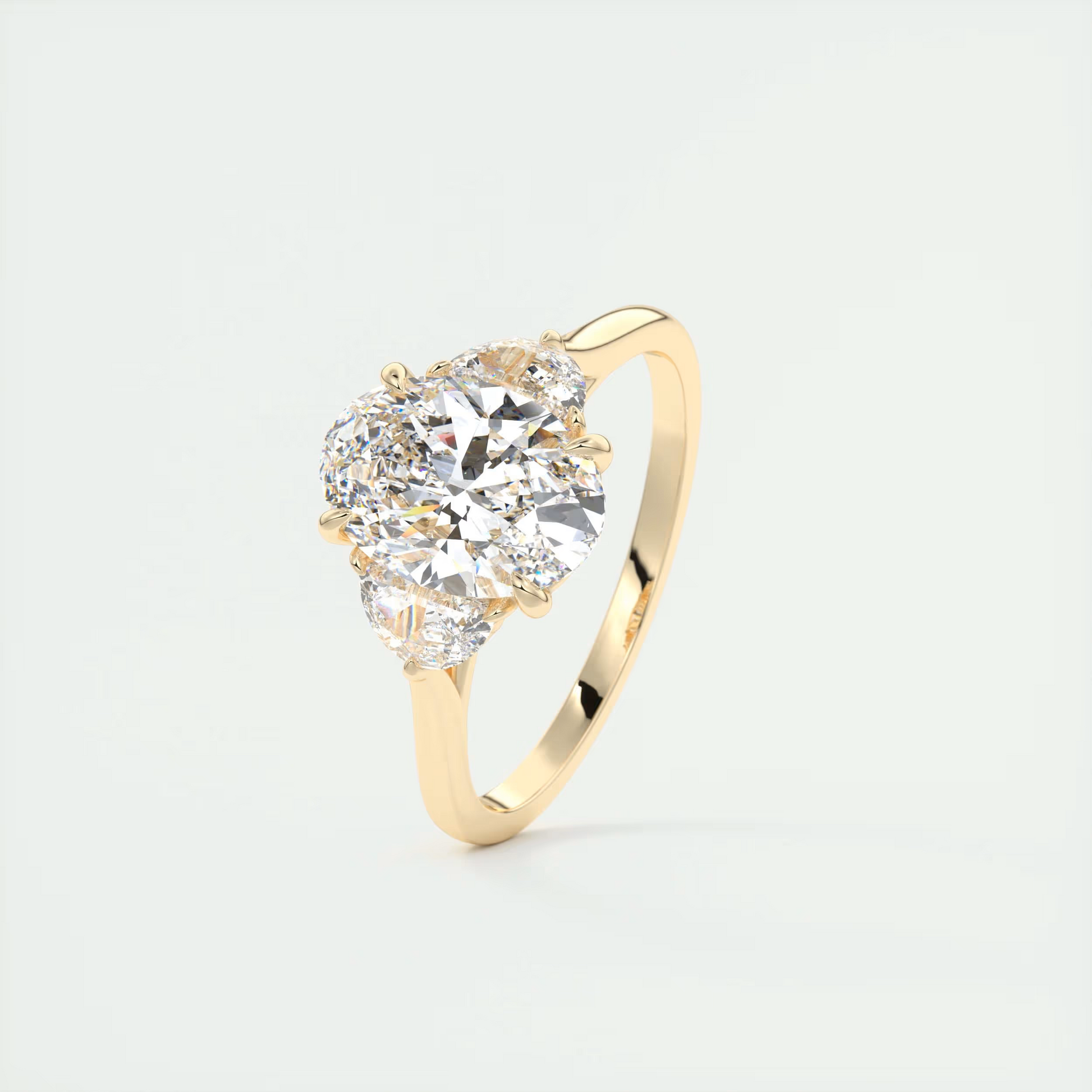 Unique 2 Carat Oval Half Moon Three-Stone Engagement Ring